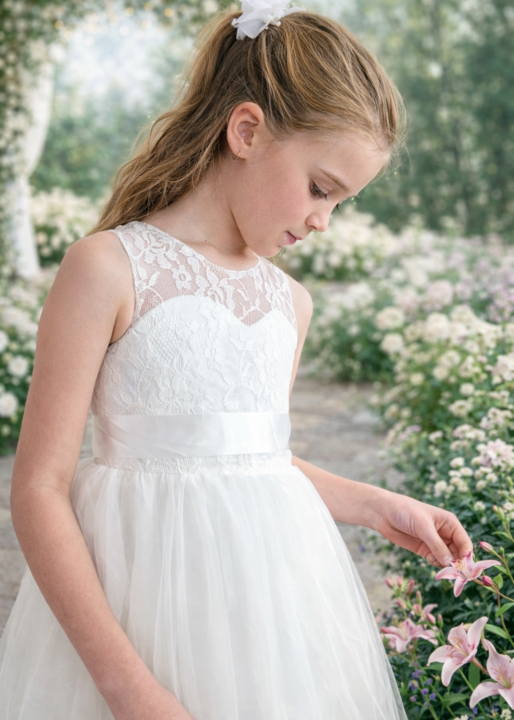 Girls Lace Tulle Flower Girl Dress - Full Length Dress
