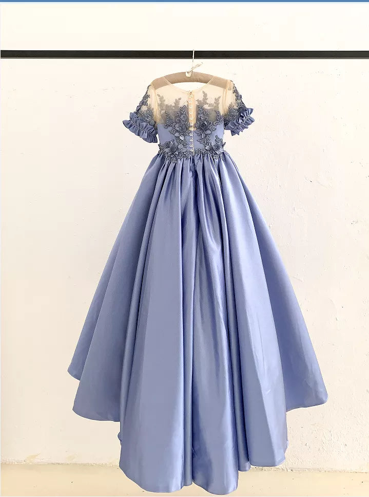 Made To Order - Luxury Handmade Blue Short Sleeves Satin Beaded 3D Lace Wedding Flower Girl Dress