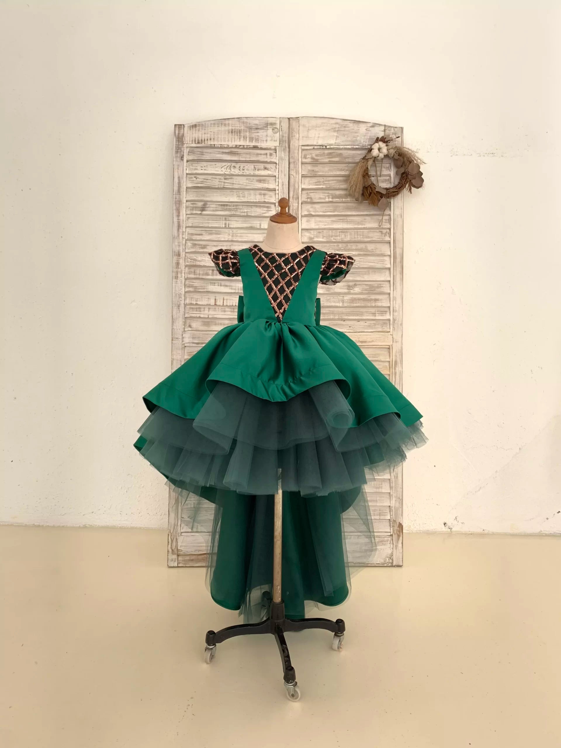 Made To Order - Luxury Handmade Green High Low Trail Dress