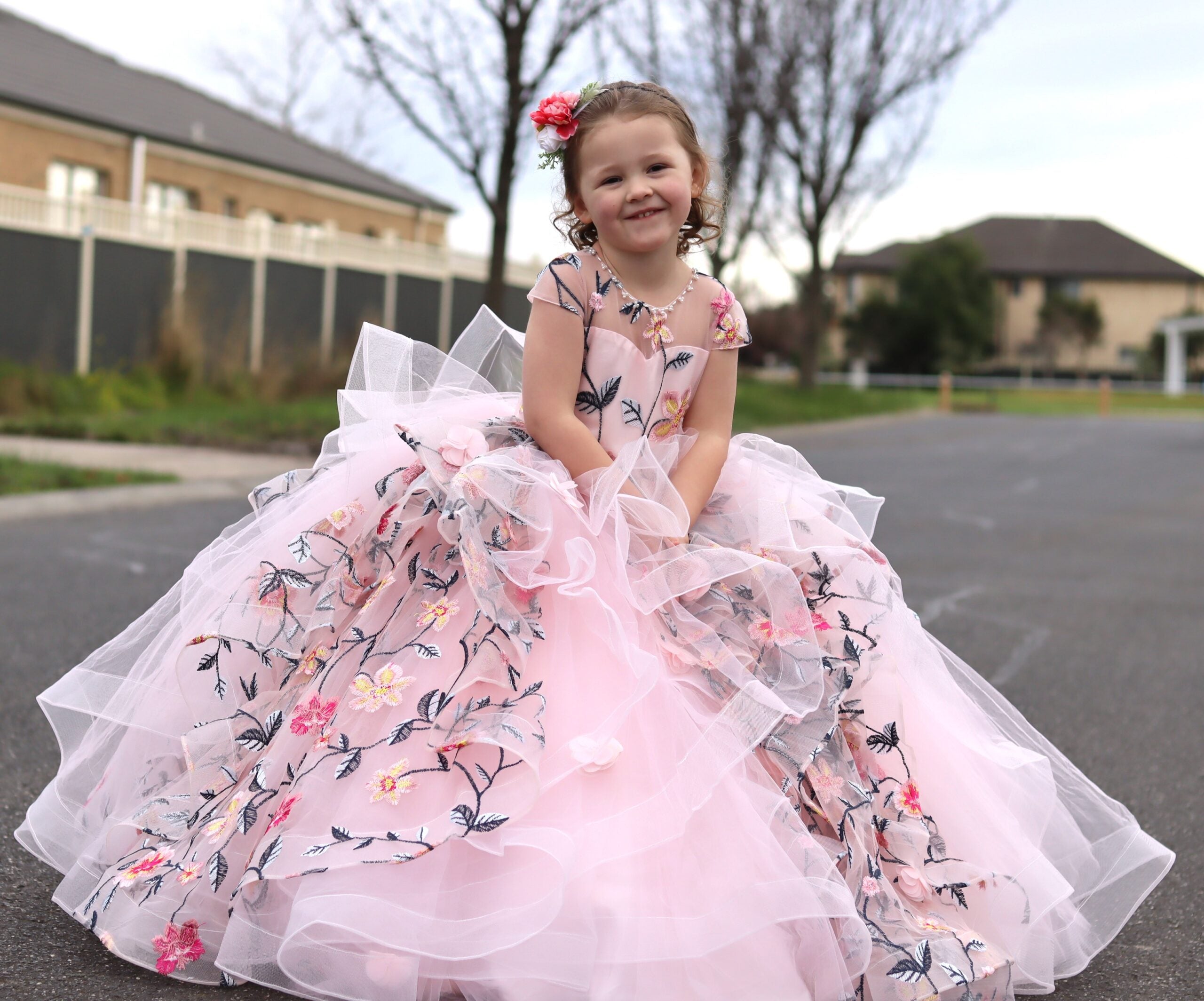 Luxury Handmade Formal Full Flared Embroidered Princess Pink Gown