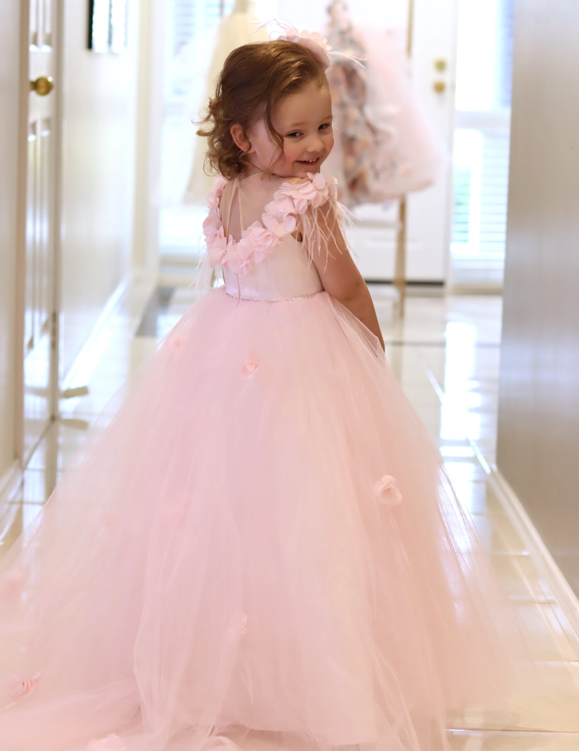 Luxury Handmade Formal Pink Flower Girl Dress With Head Piece