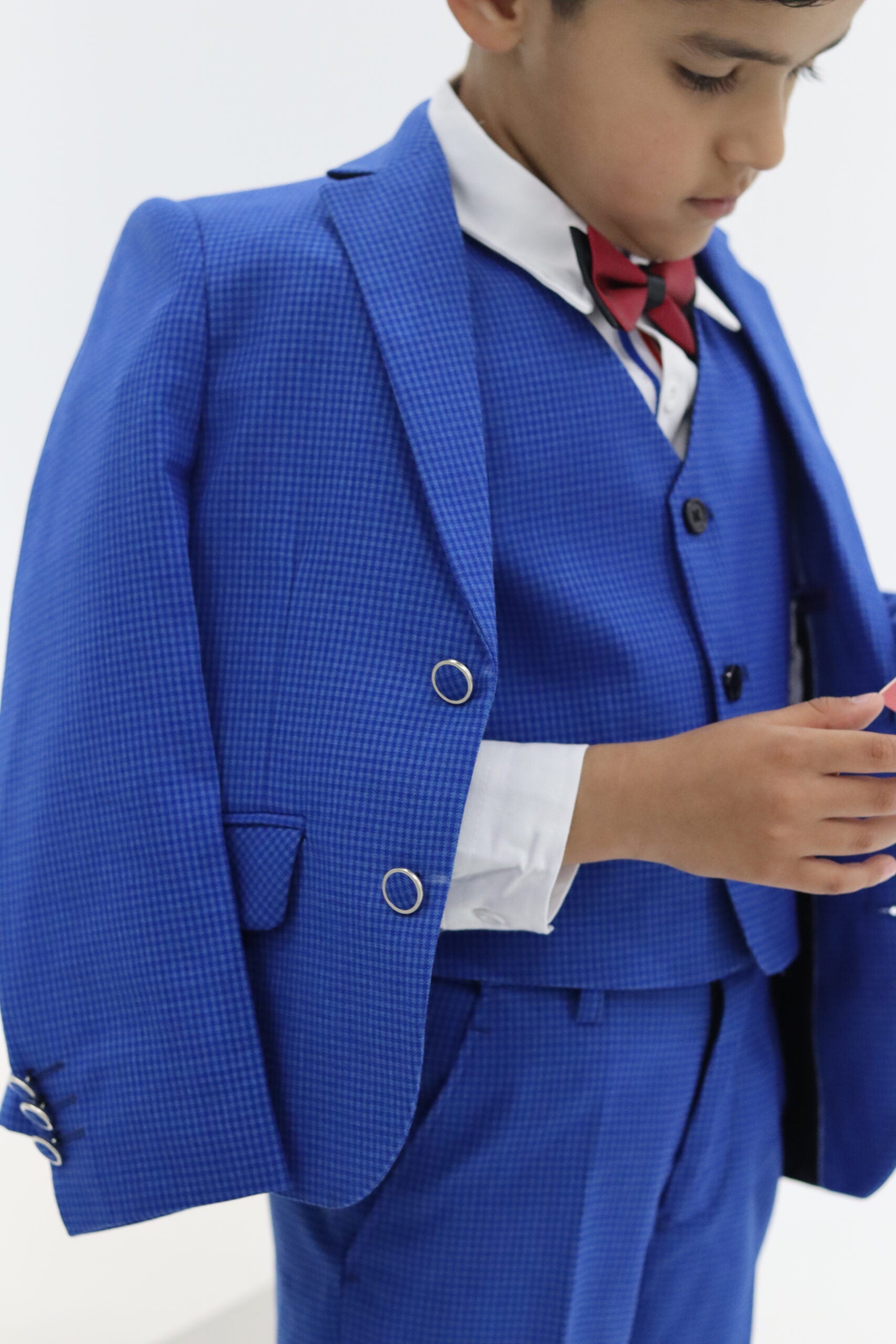Boys Formal Slim Fit Small Check Blue Suit 3Pc Set