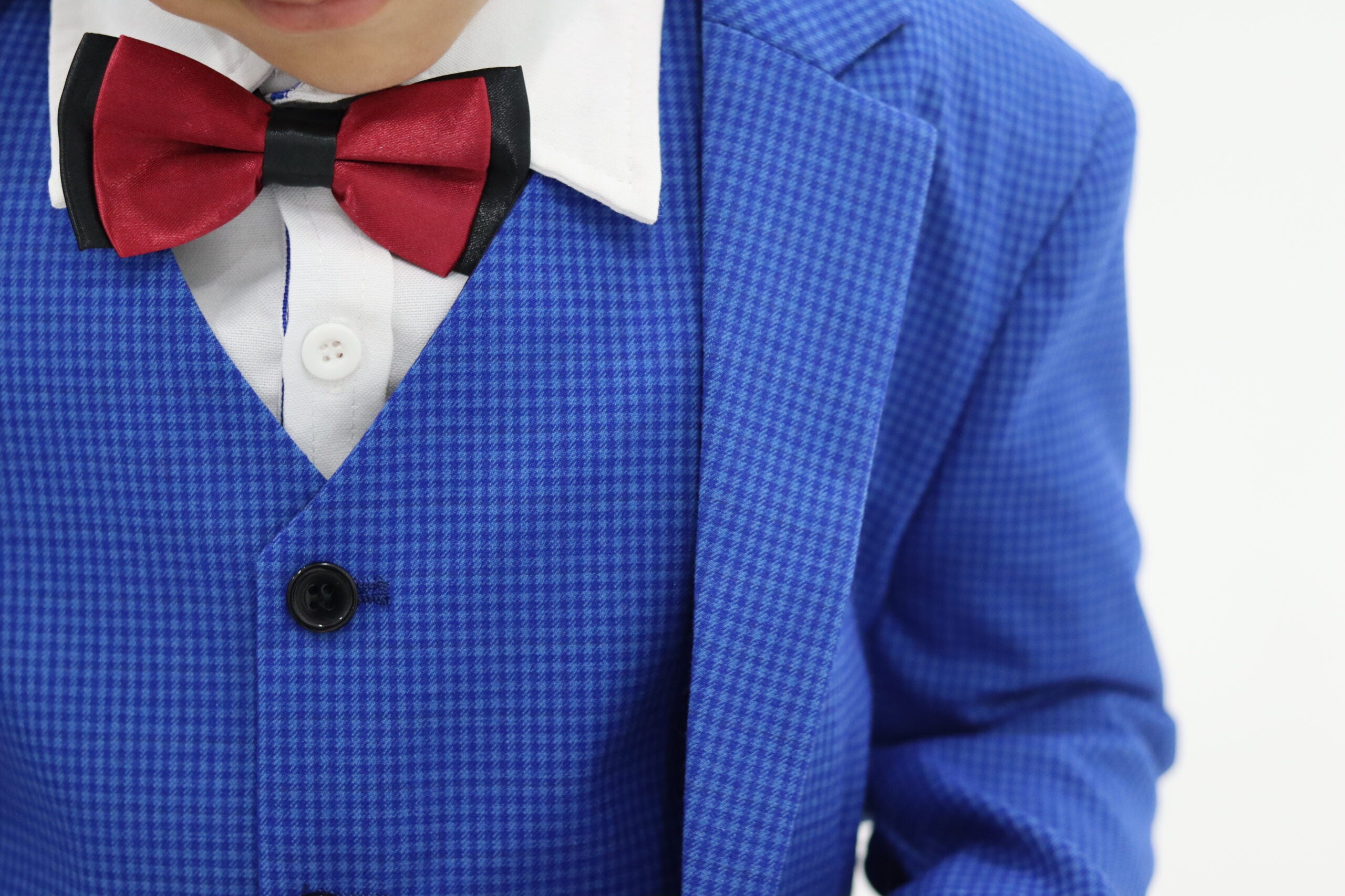 Boys Blue Suit - Slim Fit Small Check Suit 3pcs Set