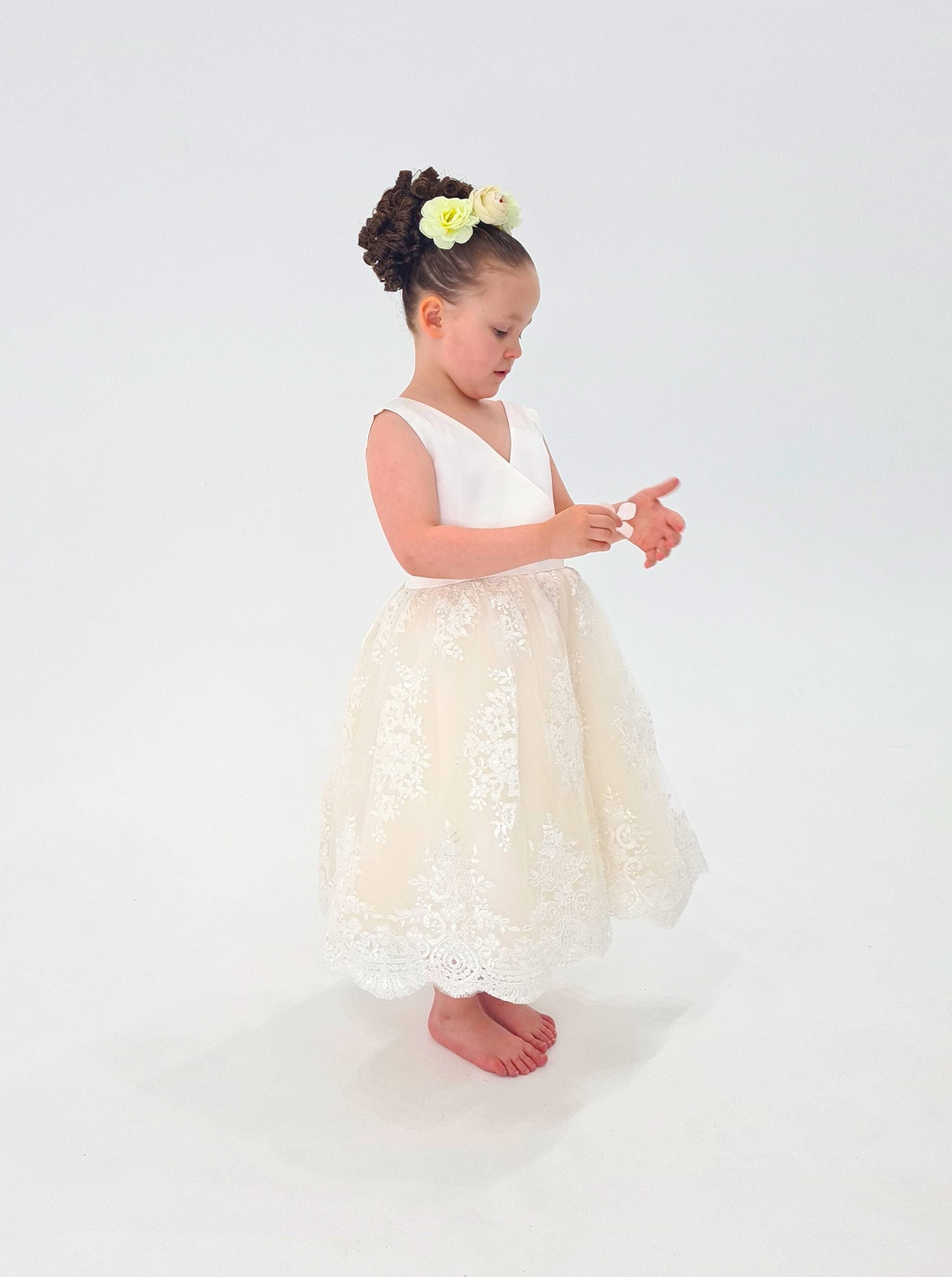 Girls Formal Embroidered Lace Satin Ivory Dress