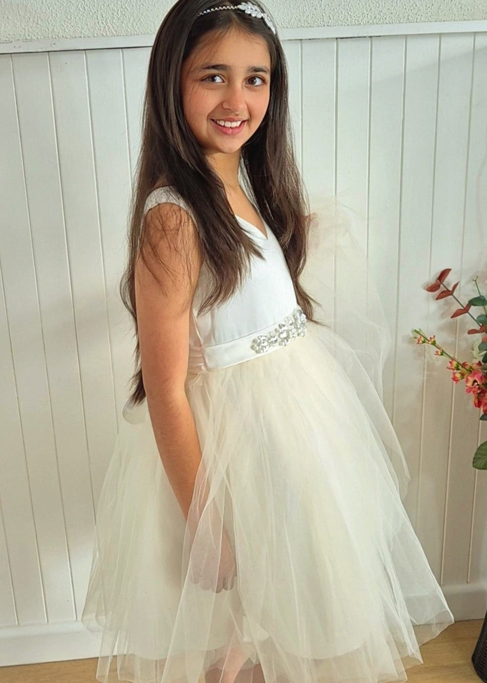V Neck Satin Tulle  Flower Girl Dress -Ivory Champagne