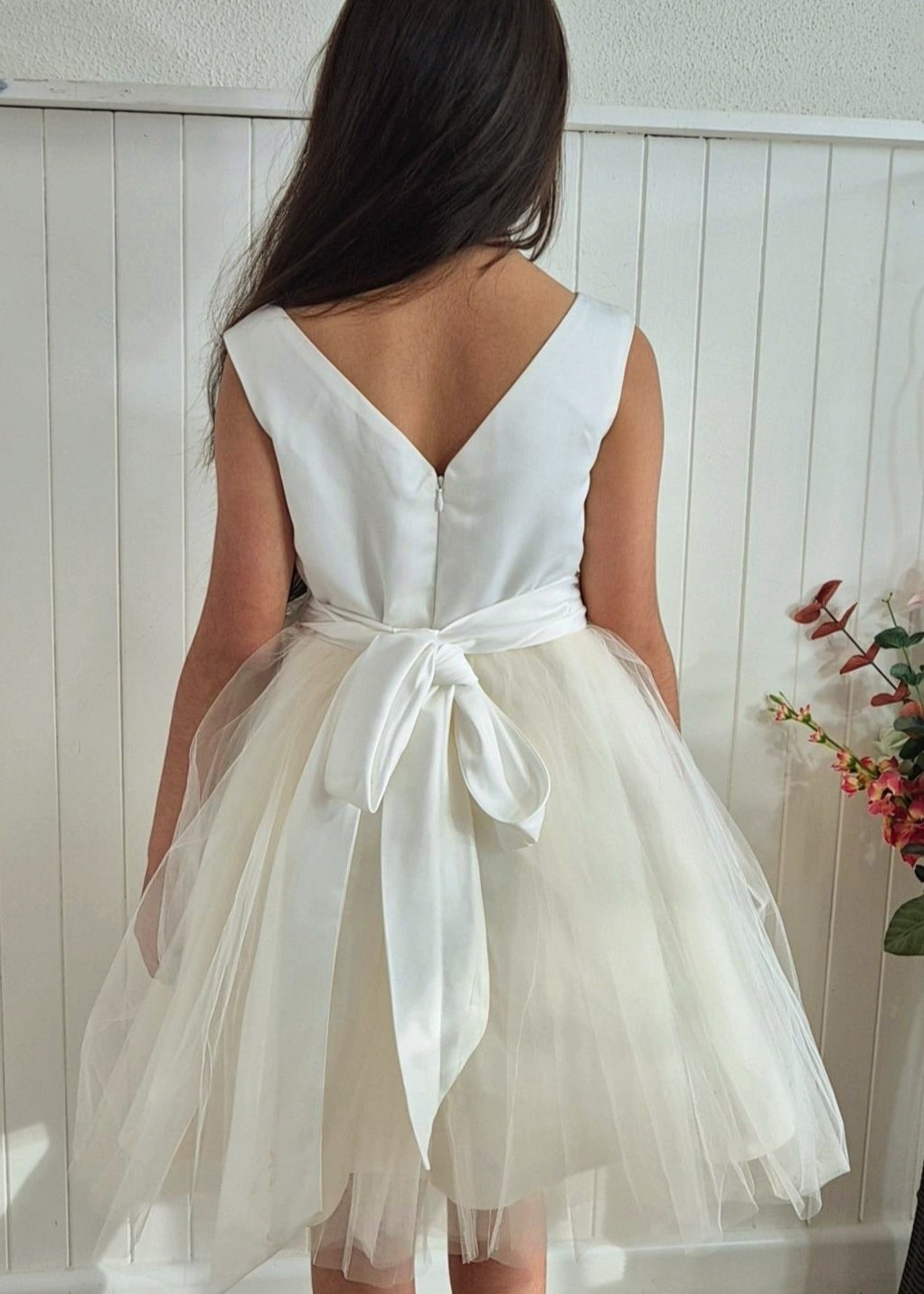 V Neck Satin Tulle  Flower Girl Dress -Ivory Champagne