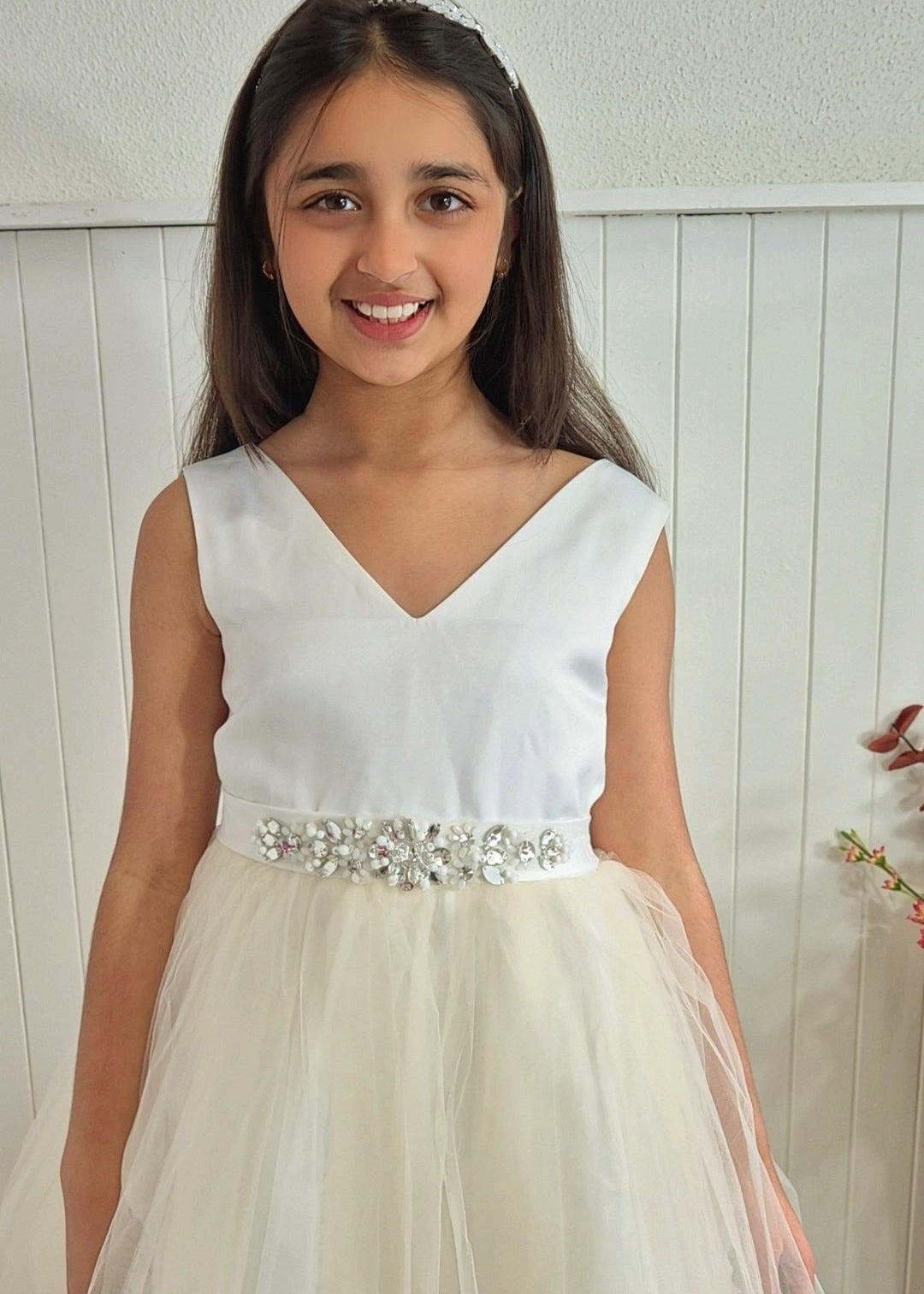 V Neck Satin Tulle  Flower Girl Dress -Ivory Champagne