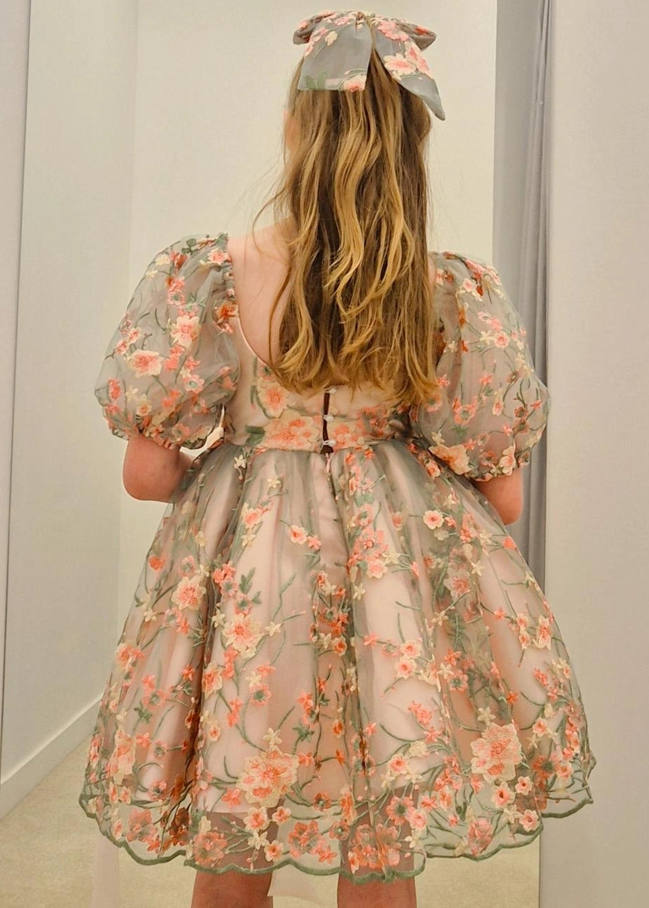 Pink Green Floral Lace Dress for Girls