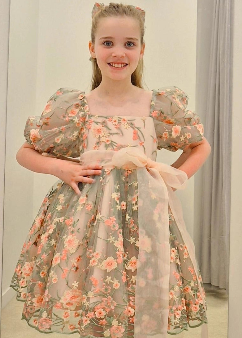 Pink Green Floral Lace Dress for Girls