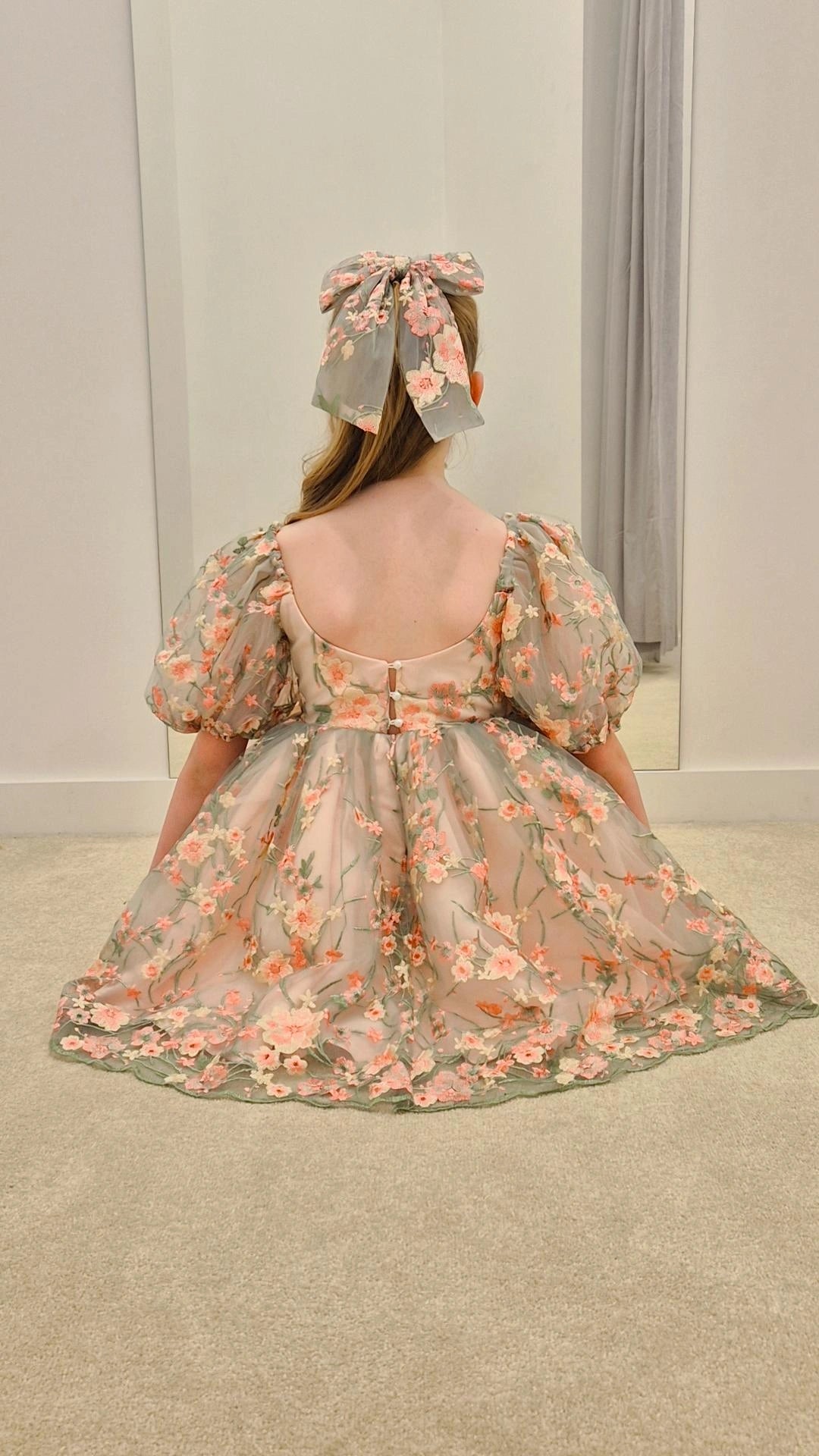 Pink Green Floral Lace Dress for Girls