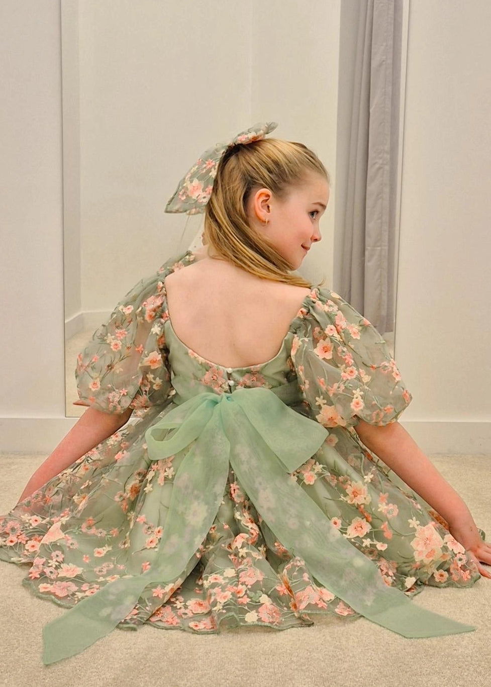 Mint Green Floral Lace Dress for Girls