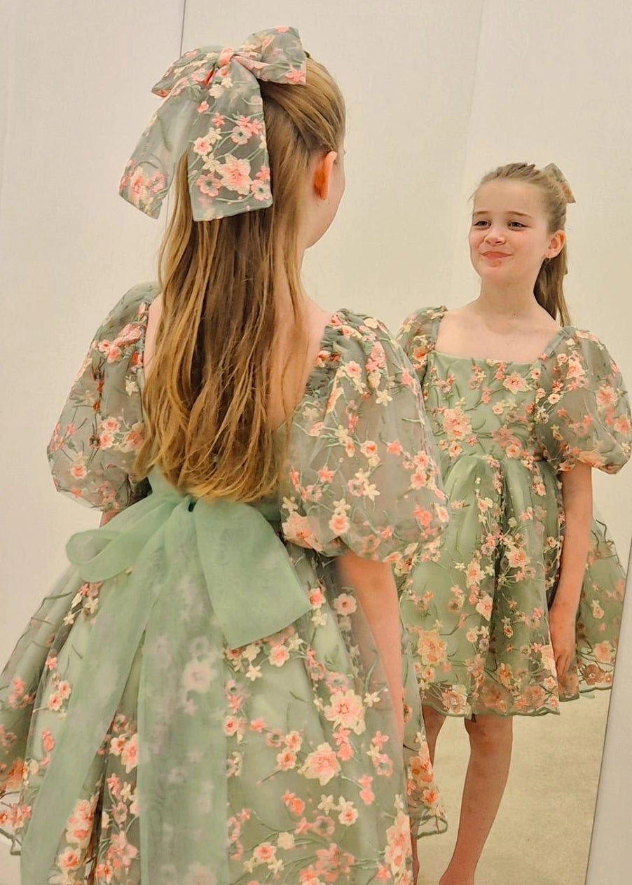 Mint Green Floral Lace Dress for Girls