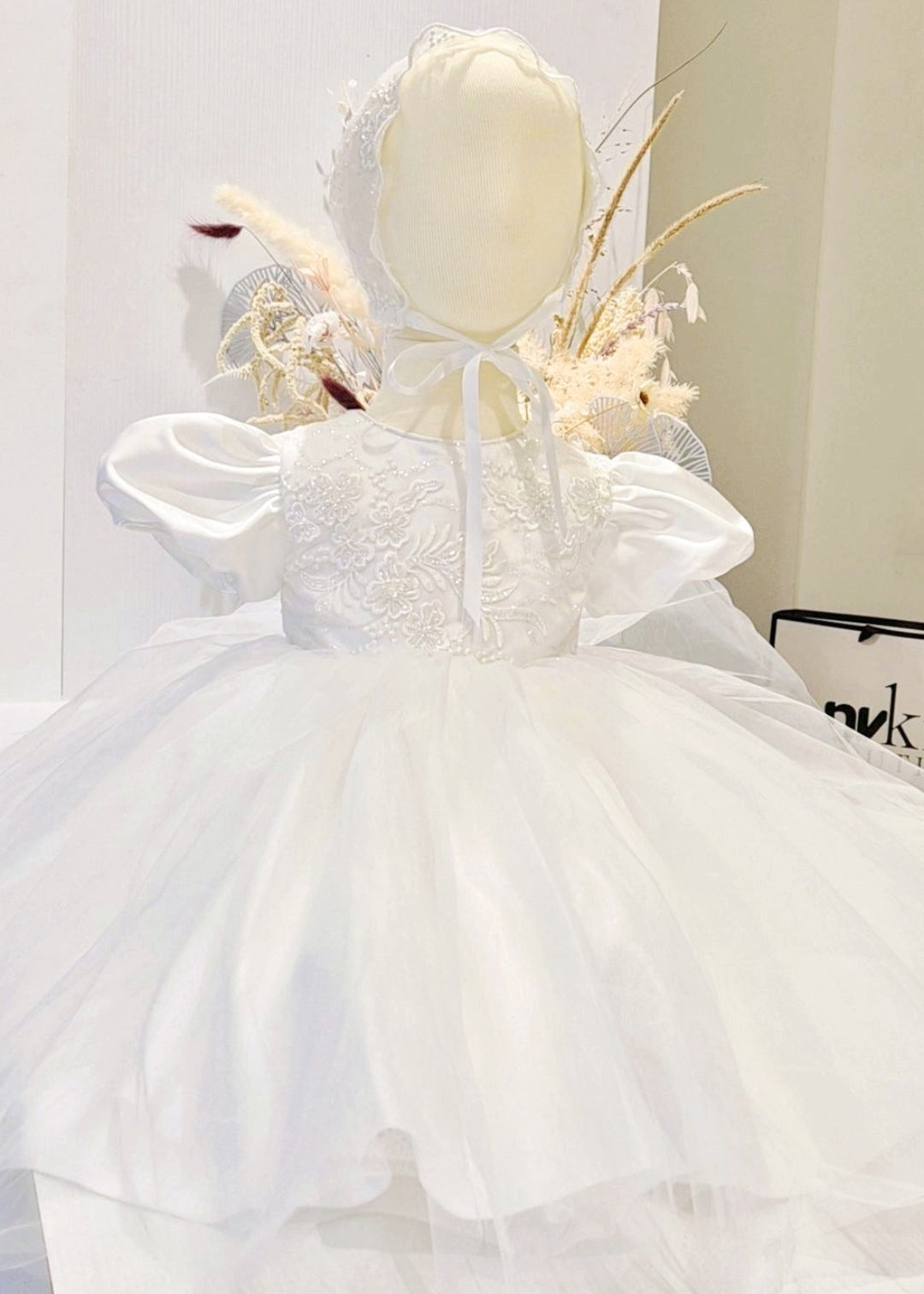 Baby Girl Beaded Lace With Tulle Skirt Christening Gown Set