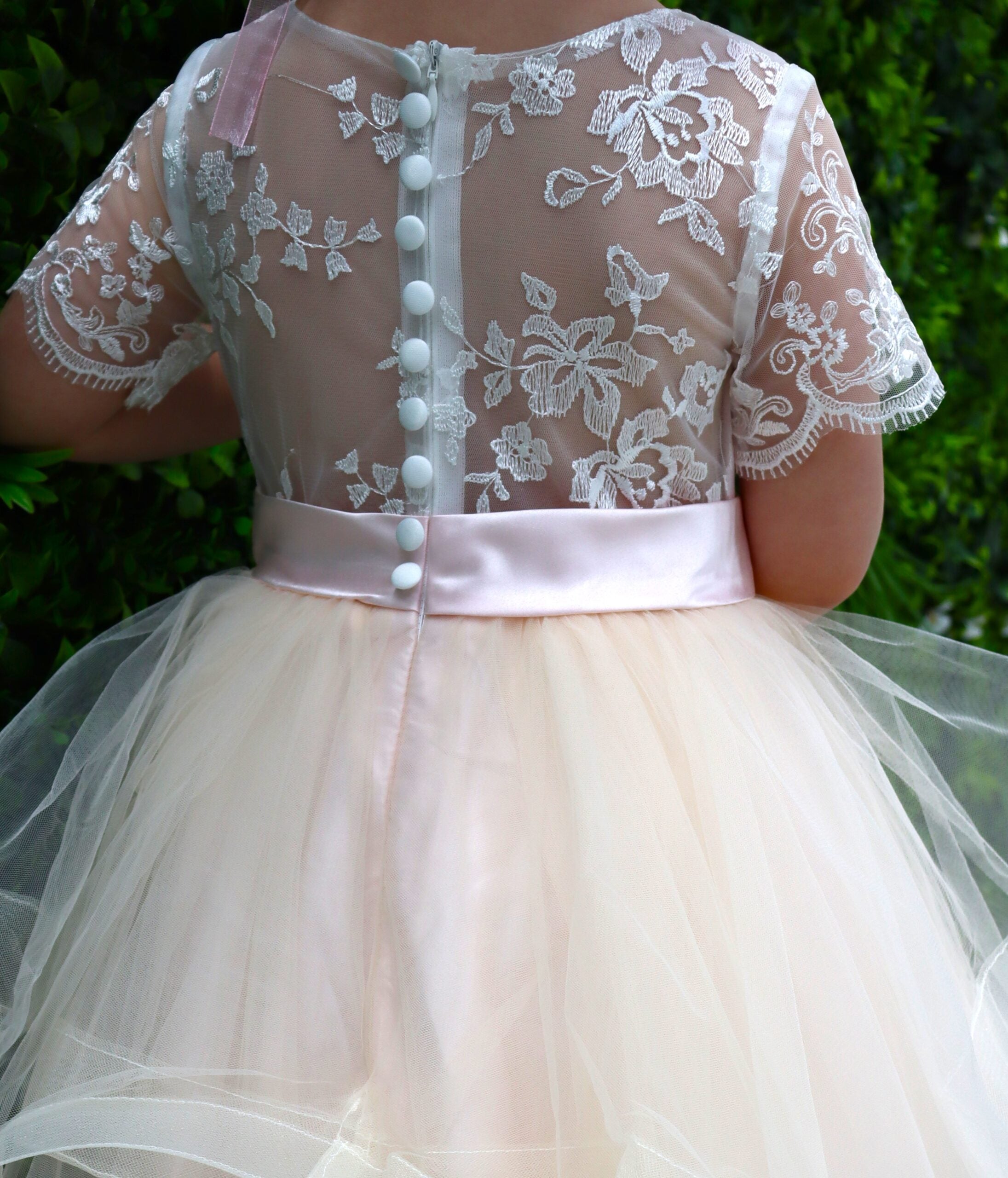 Luxury Handmade Light Pink/White Flower Girl Dress With Horsehair Trim