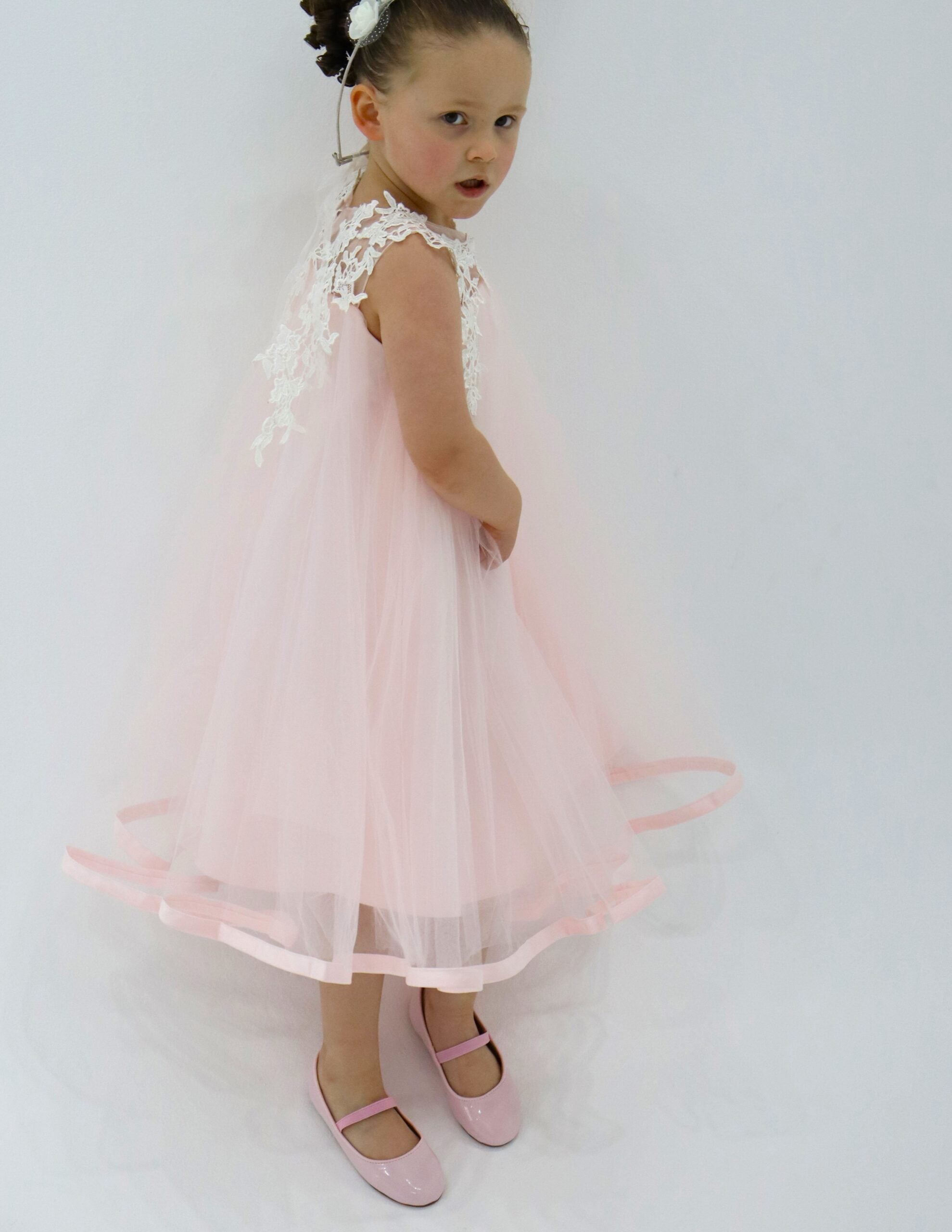 Flower Girl Pink With White Lace Dress