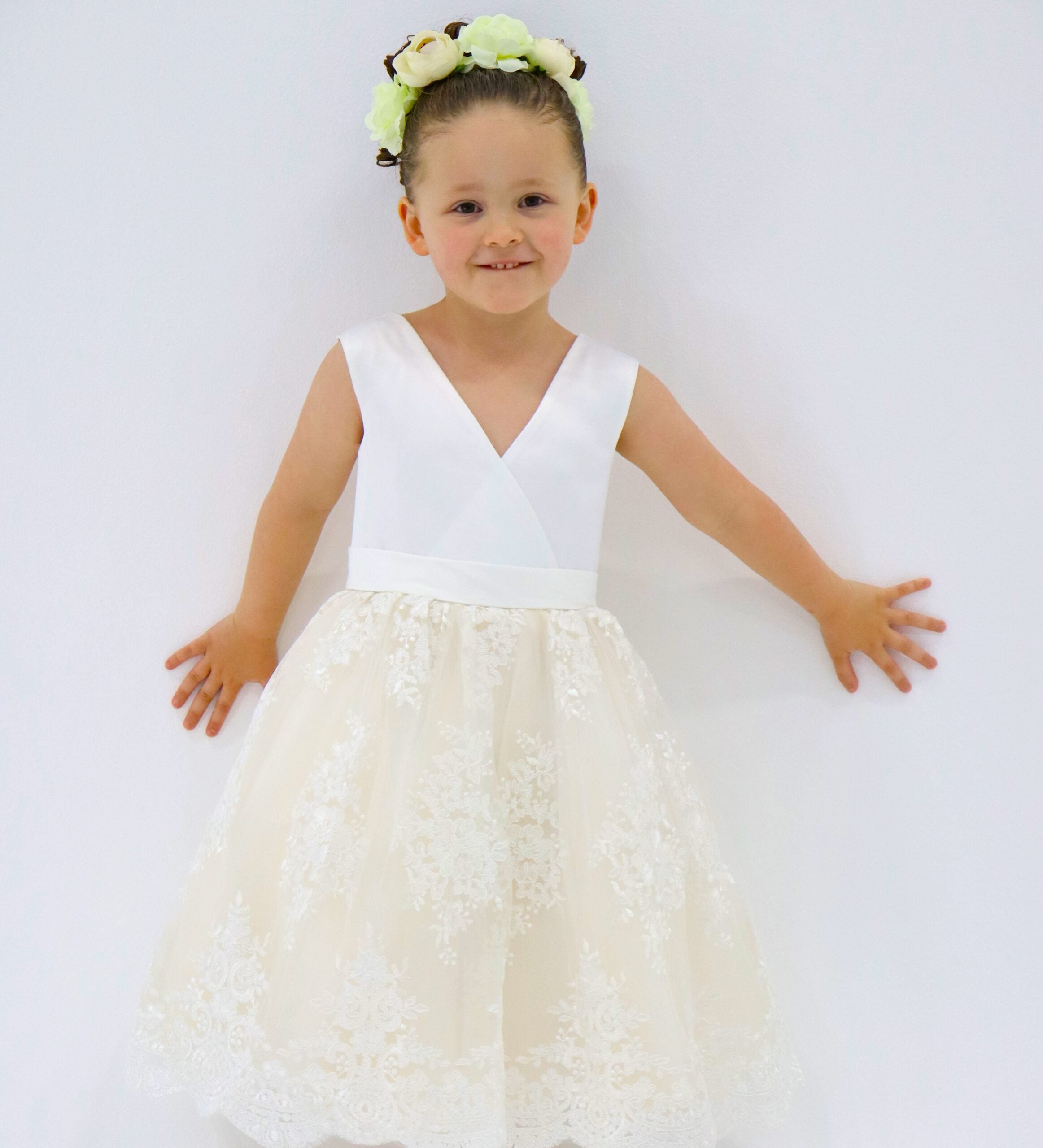 Girls Formal Embroidered Lace Satin Ivory Dress