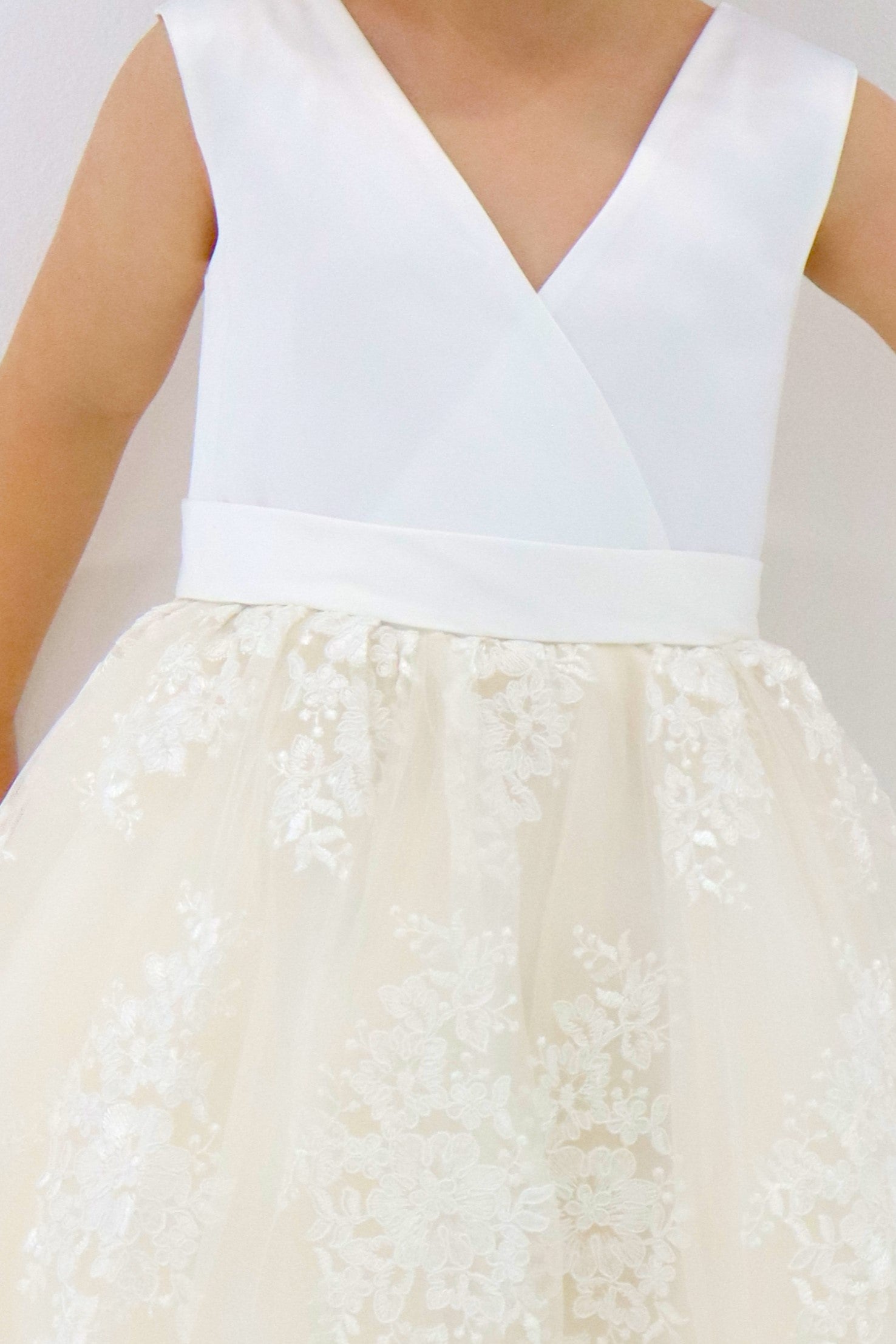 Girls Formal Embroidered Lace Satin Ivory Dress