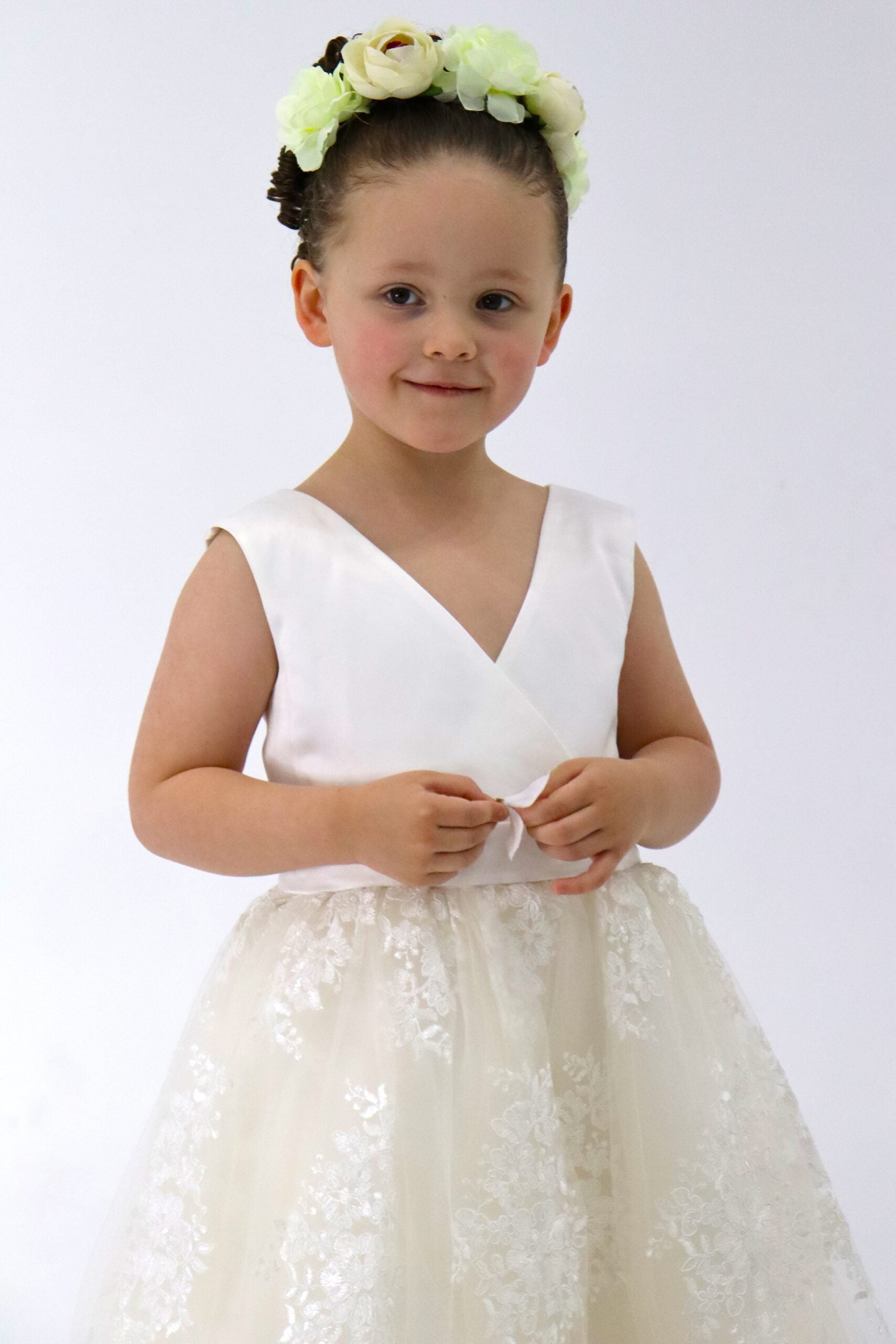 Girls Formal Embroidered Lace Satin Ivory Dress