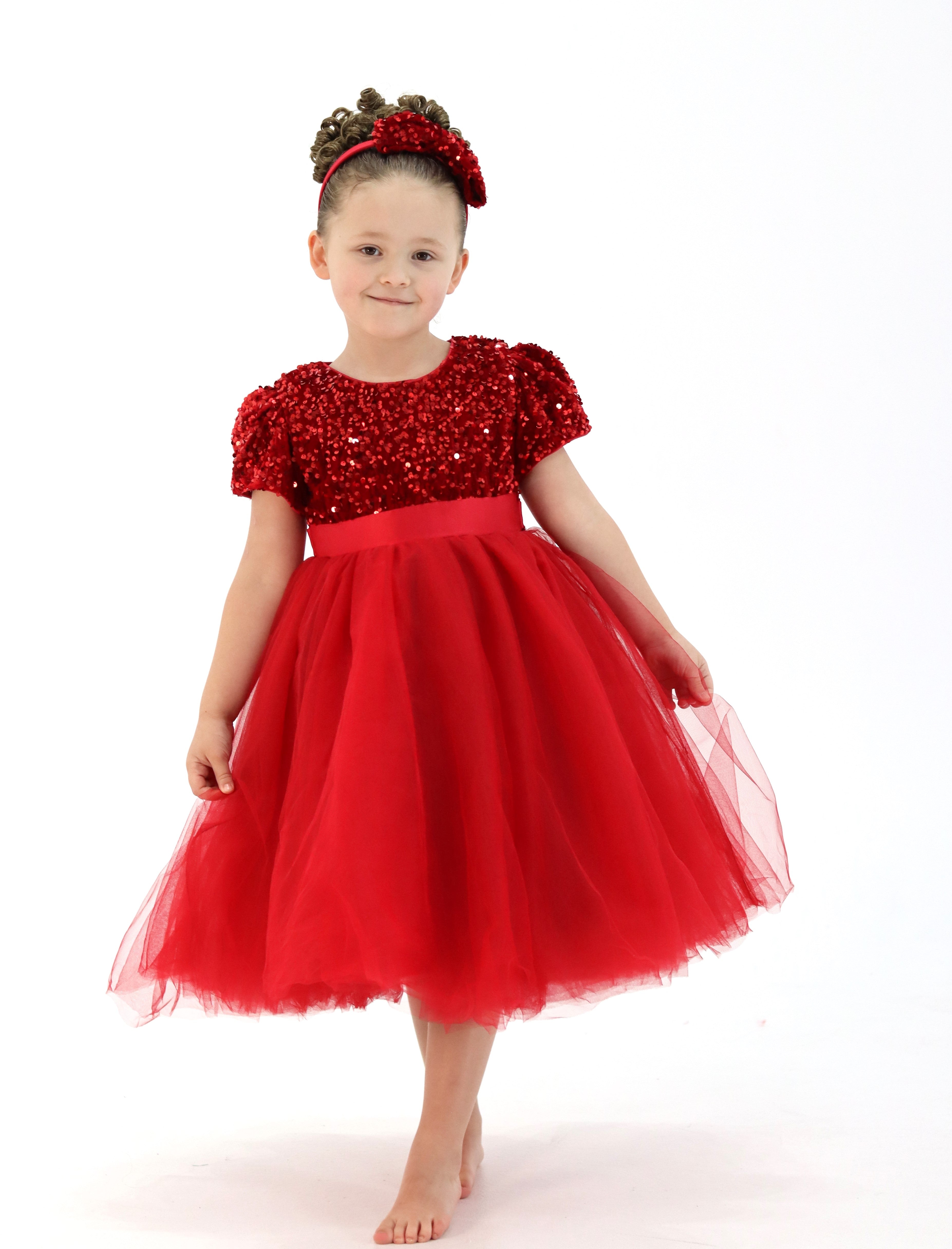 Little Girls Puffy Dress With Headband - Red Christmas Dress