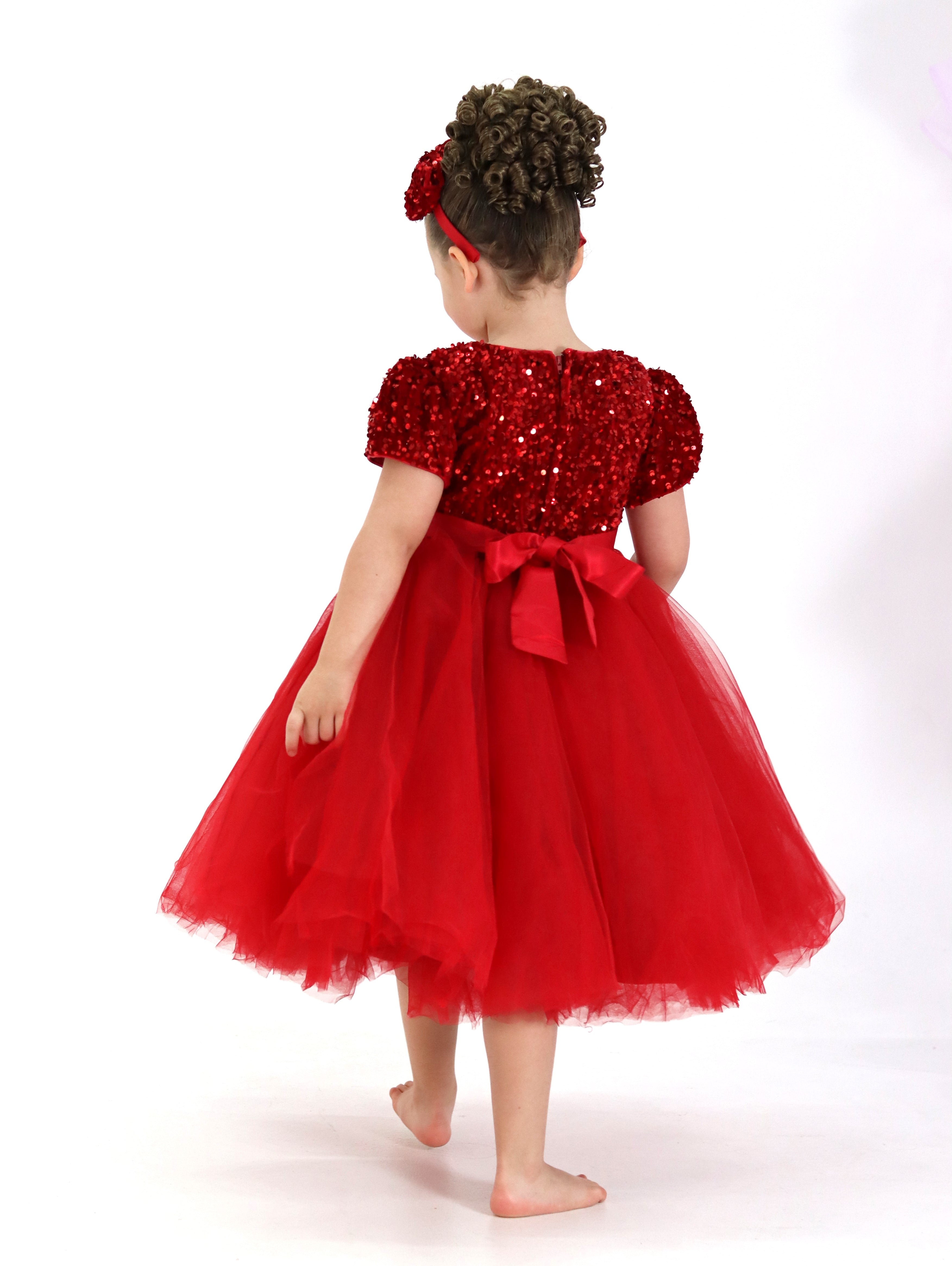 Little Girls Puffy Dress With Headband - Red Christmas Dress