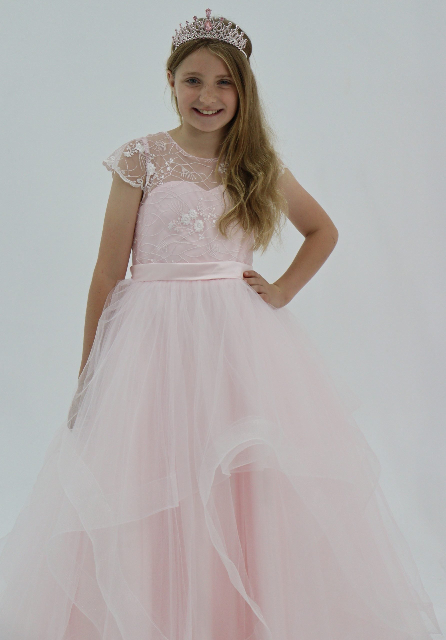 Luxury Handmade Lexi Pink Flower Girl Dress Cap Sleeves