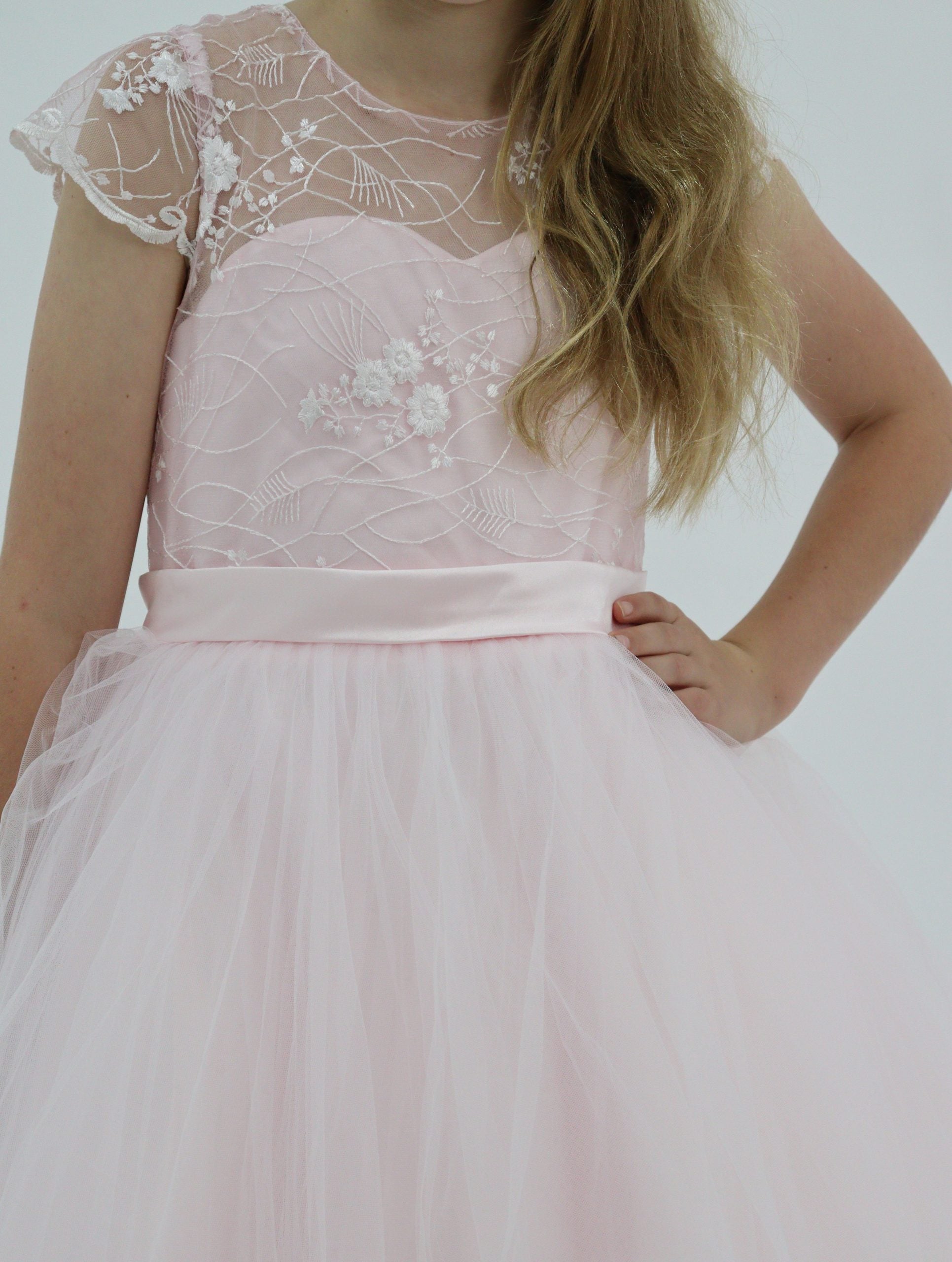 Luxury Handmade Lexi Pink Flower Girl Dress Cap Sleeves