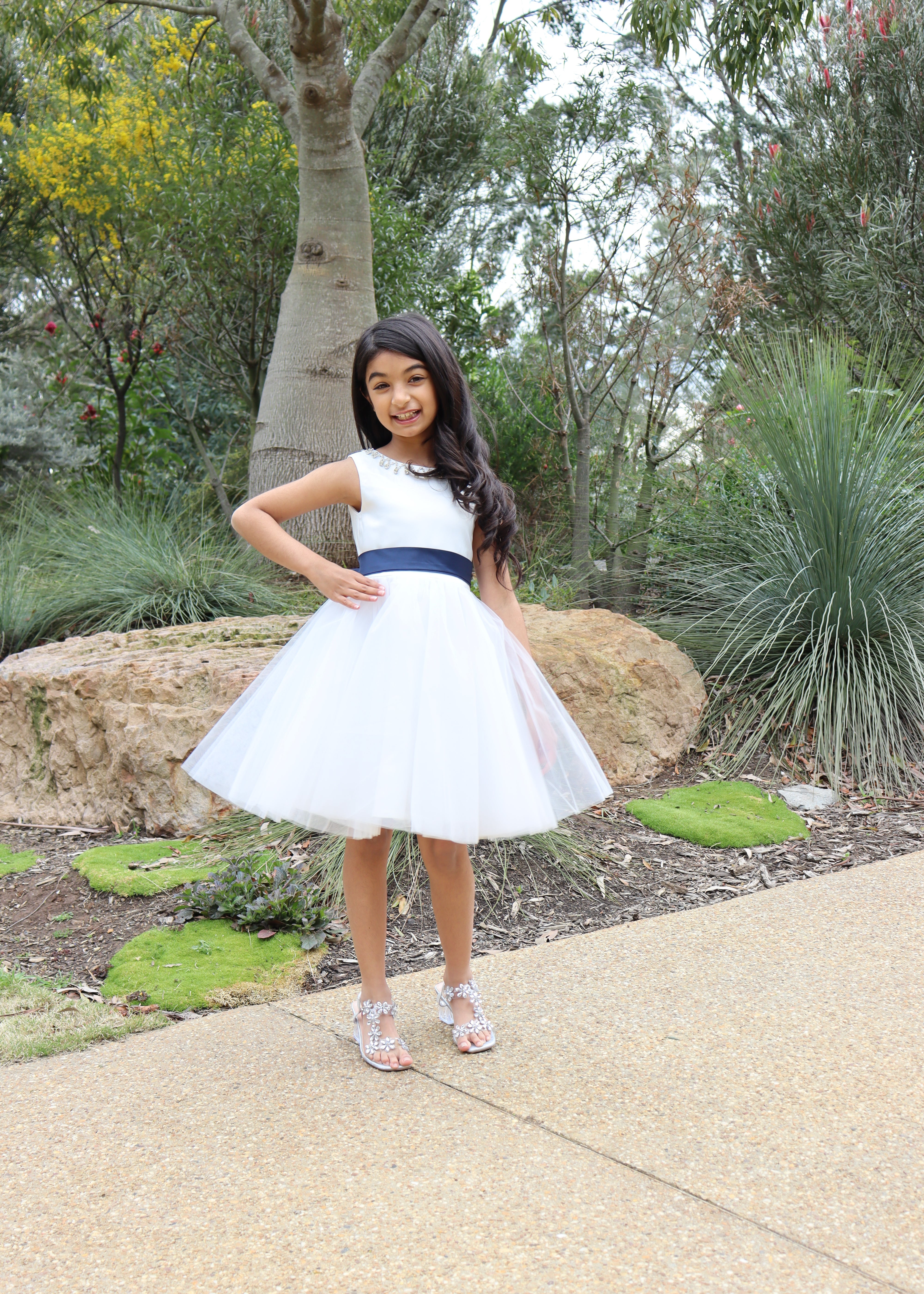 Short Flower Girl Dress With Navy Belt