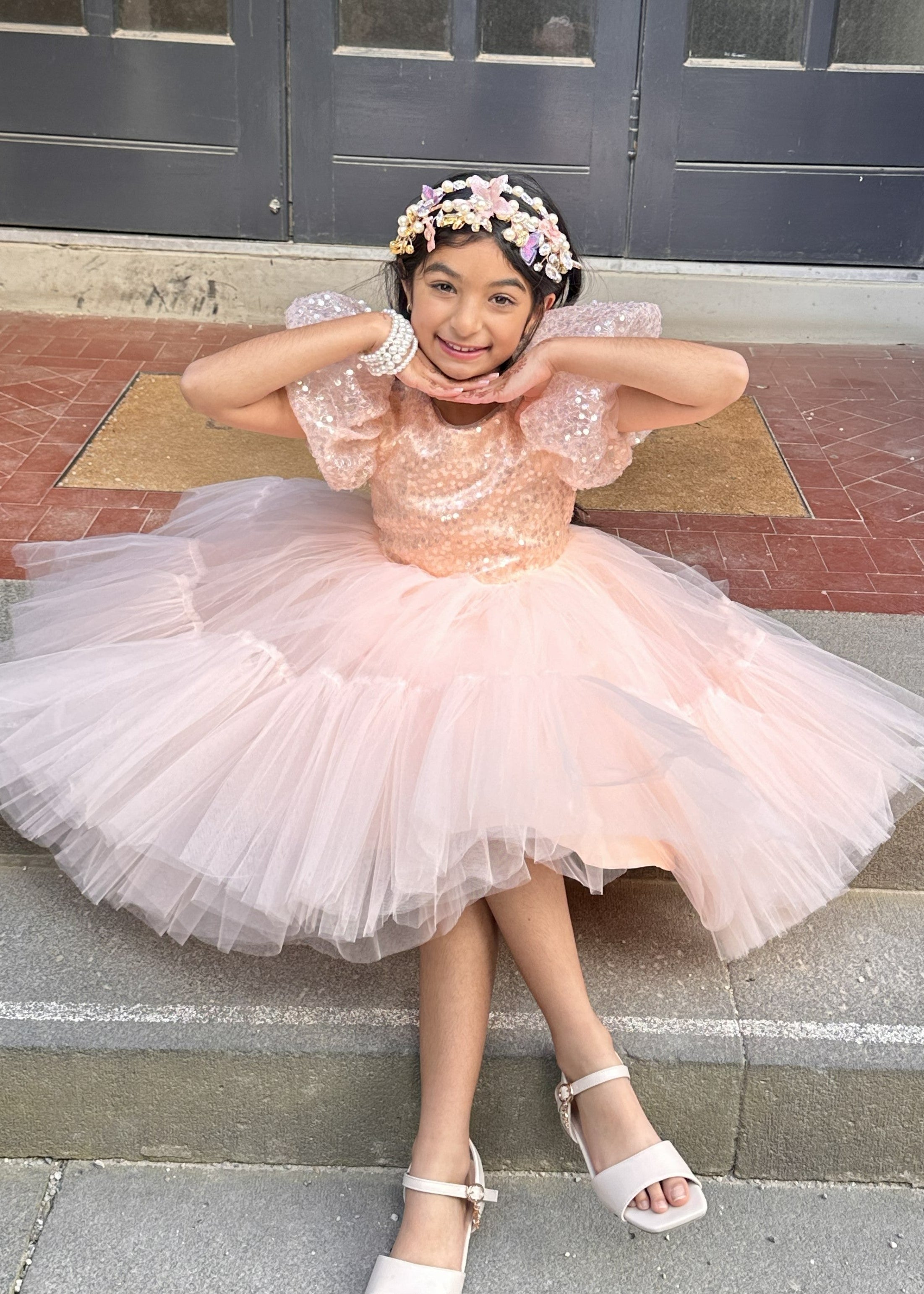 Puffy Sleeves Flower Girl Short Dress - Peach Dress