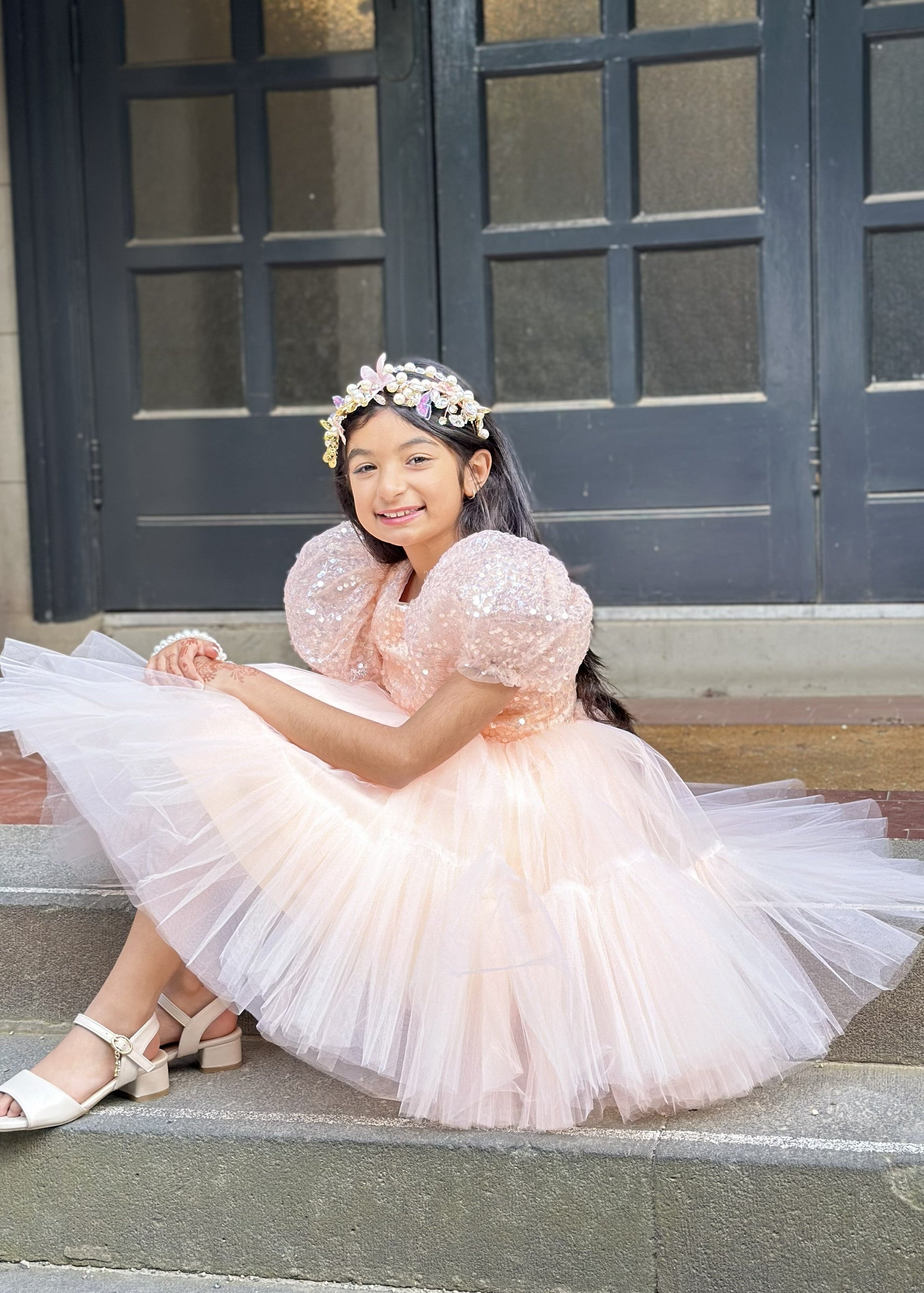 Puffy Sleeves Flower Girl Short Dress - Peach Dress