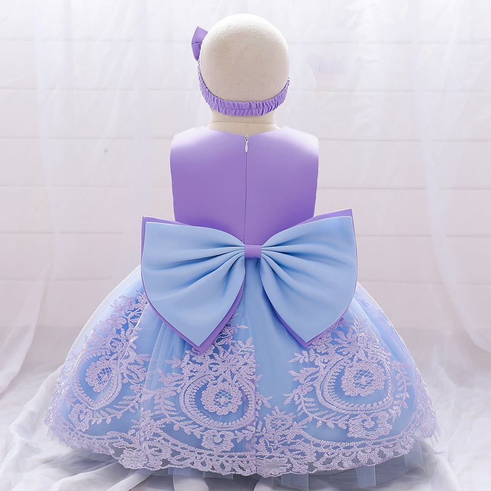 Girls Formal Purple Blue Contrast Lace Big Bow Back Gown Dress With Headband