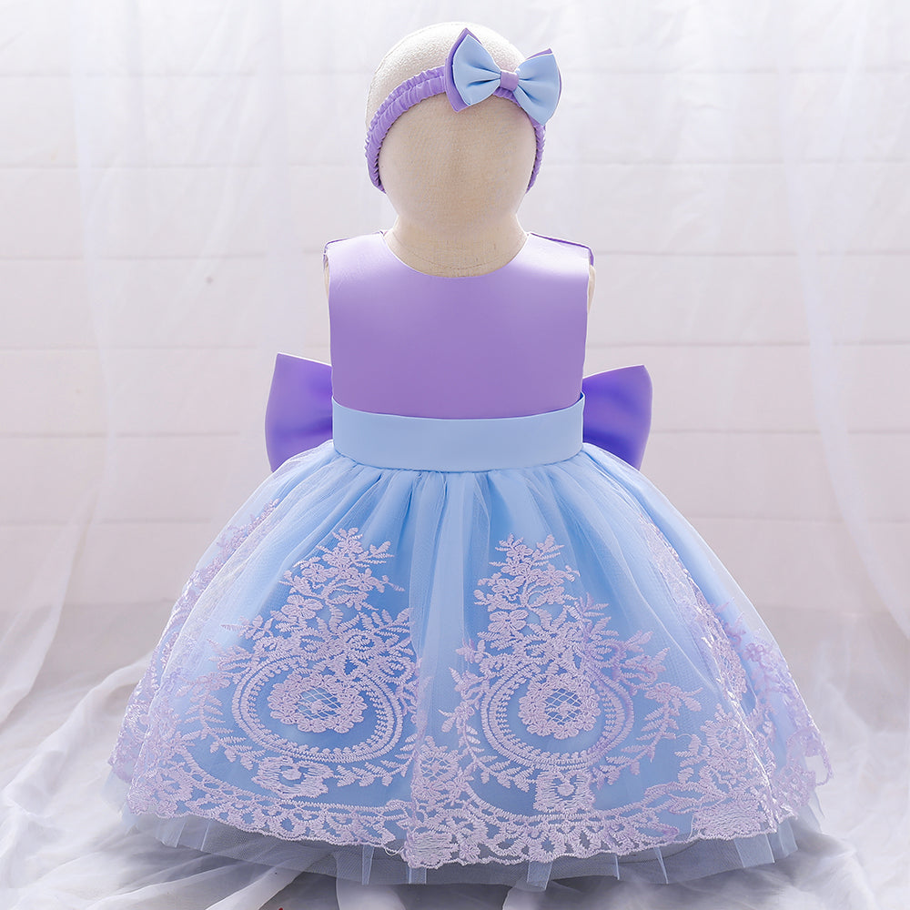 Girls Formal Purple Blue Contrast Lace Big Bow Back Gown Dress With Headband