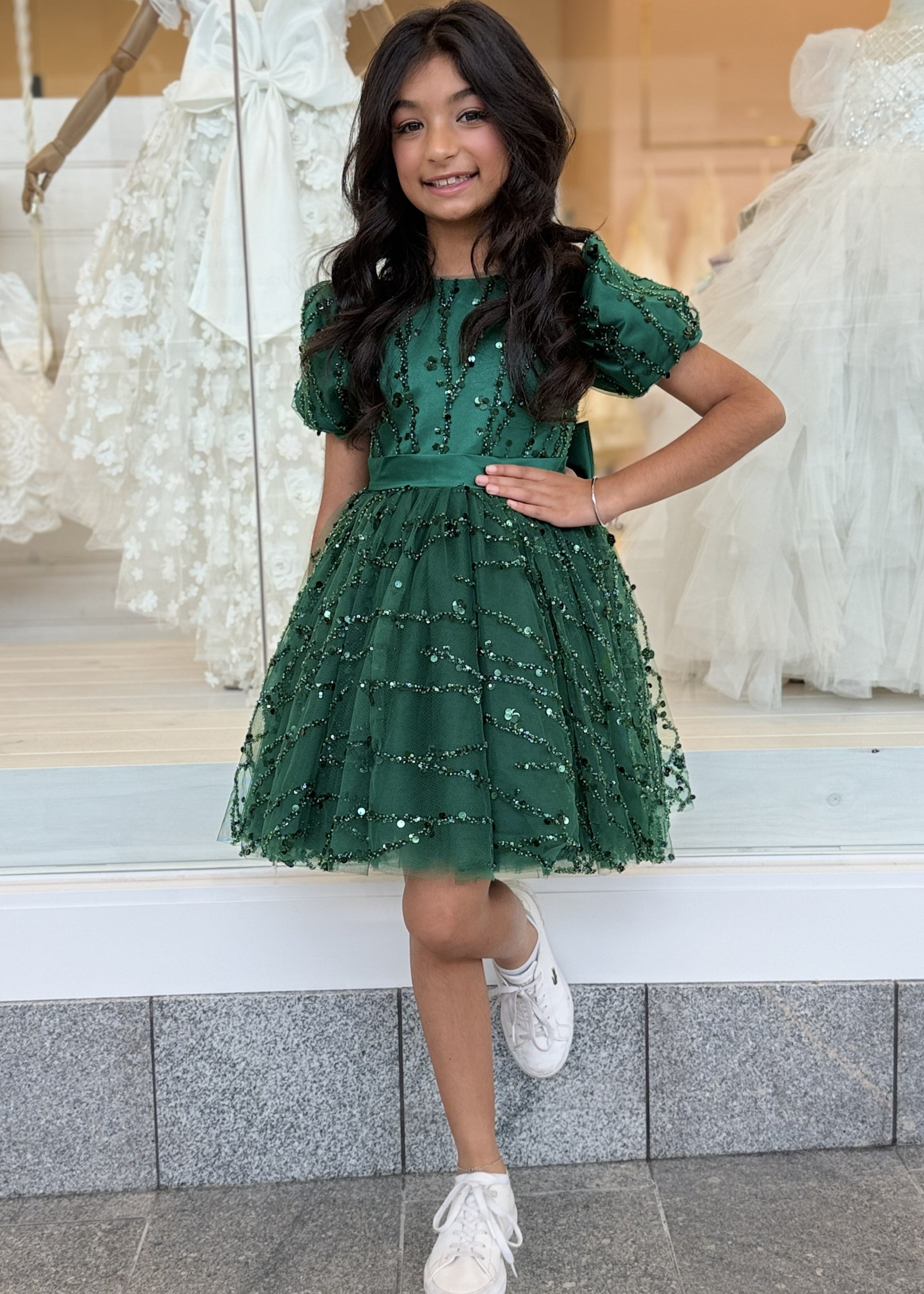 Girls Crystal Beaded Emerald Green Dress