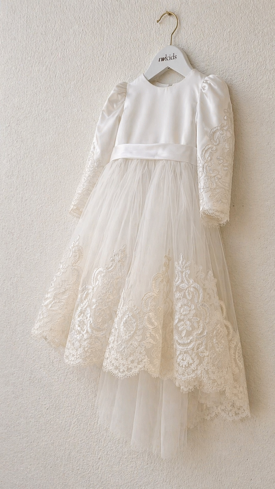 Full Sleeve Christening Dress With Sweep Train