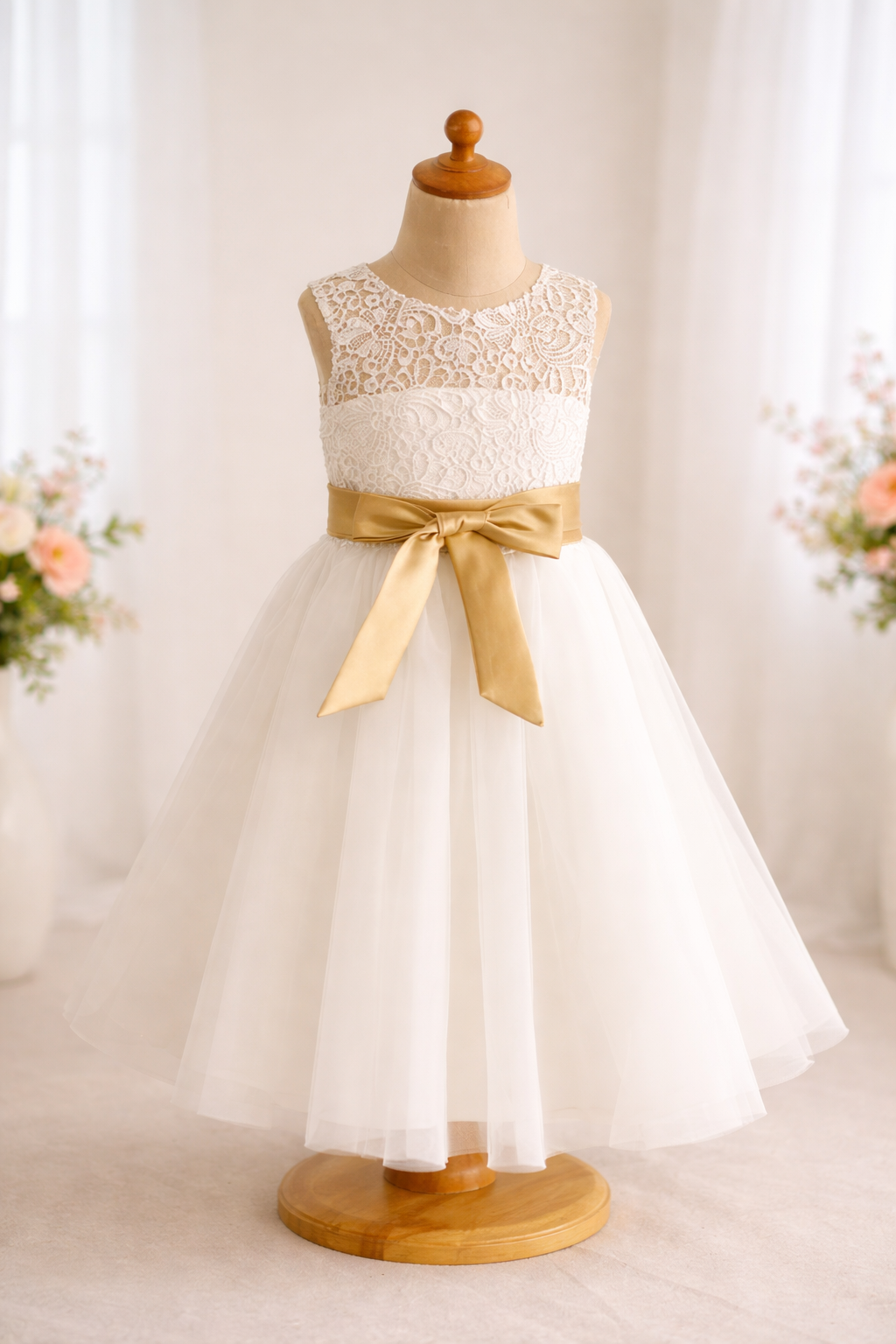 Ivory Lace Tulle Flower Girl Dress - Keyhole Back