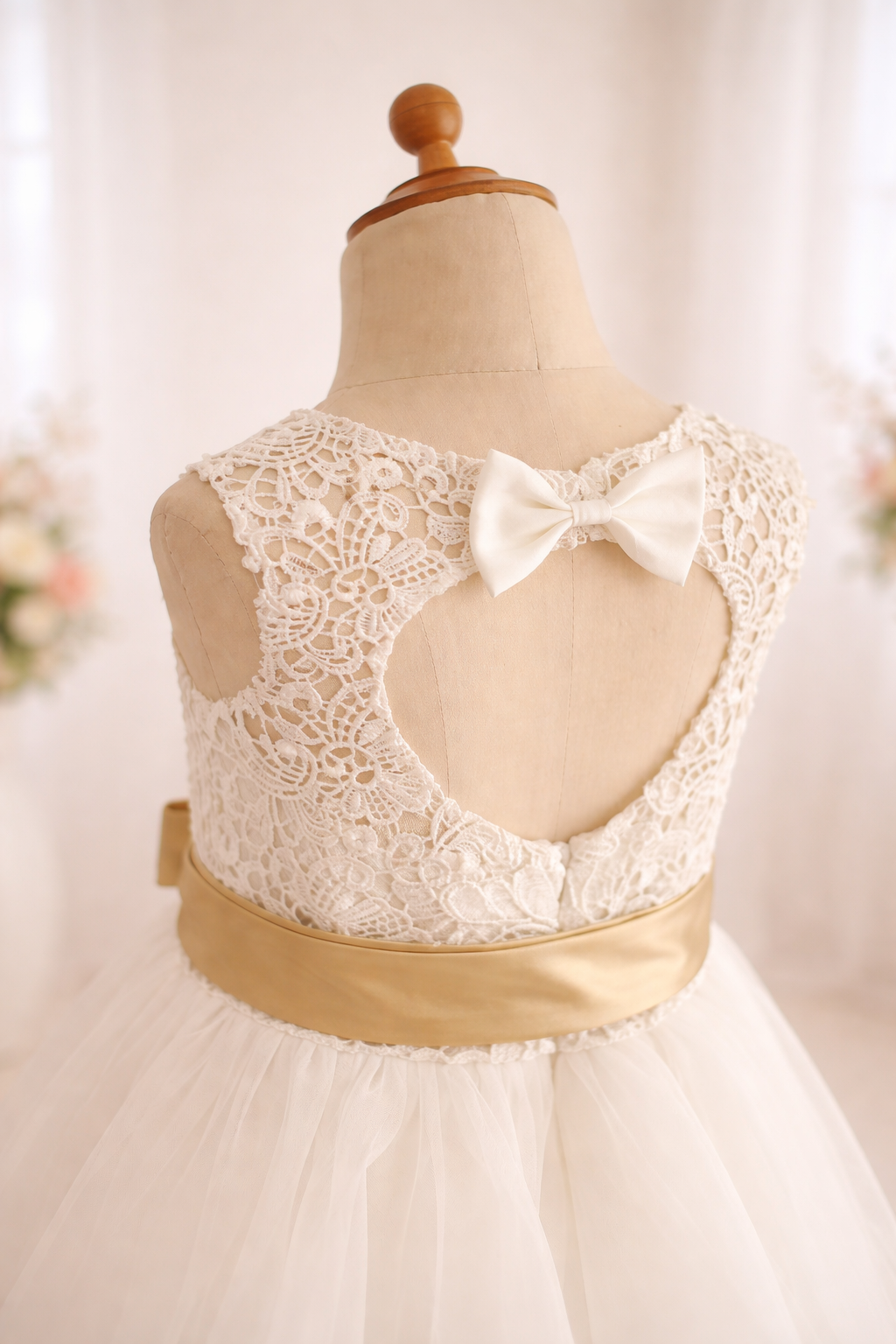 Ivory Lace Tulle Flower Girl Dress - Keyhole Back