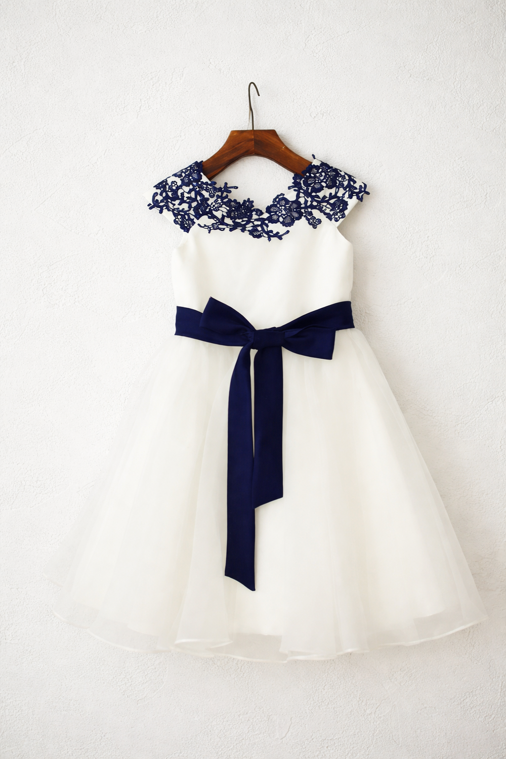 Organza Flower Girl Dress - Ivory With Navy Lace