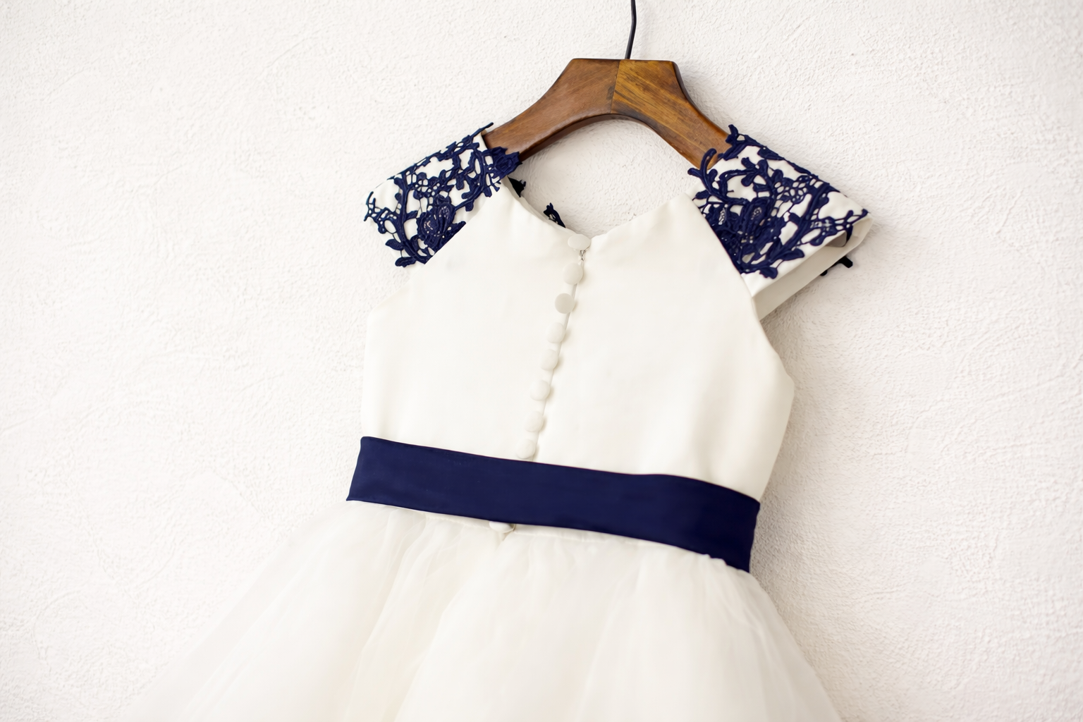 Organza Flower Girl Dress - Ivory With Navy Lace