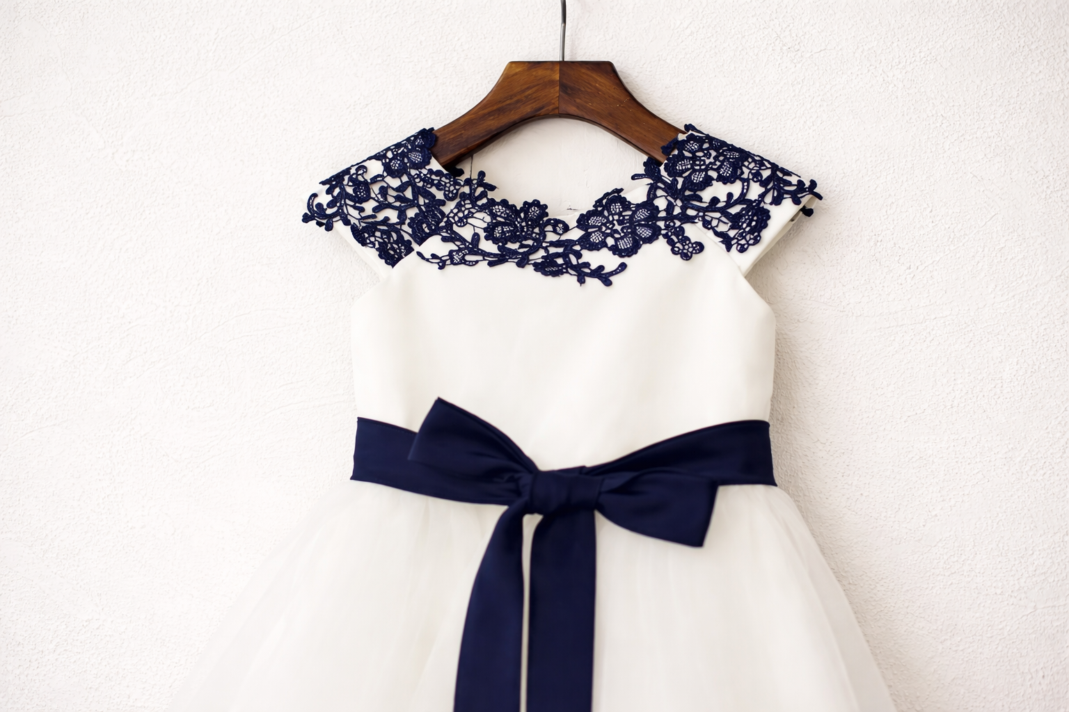 Organza Flower Girl Dress - Ivory With Navy Lace