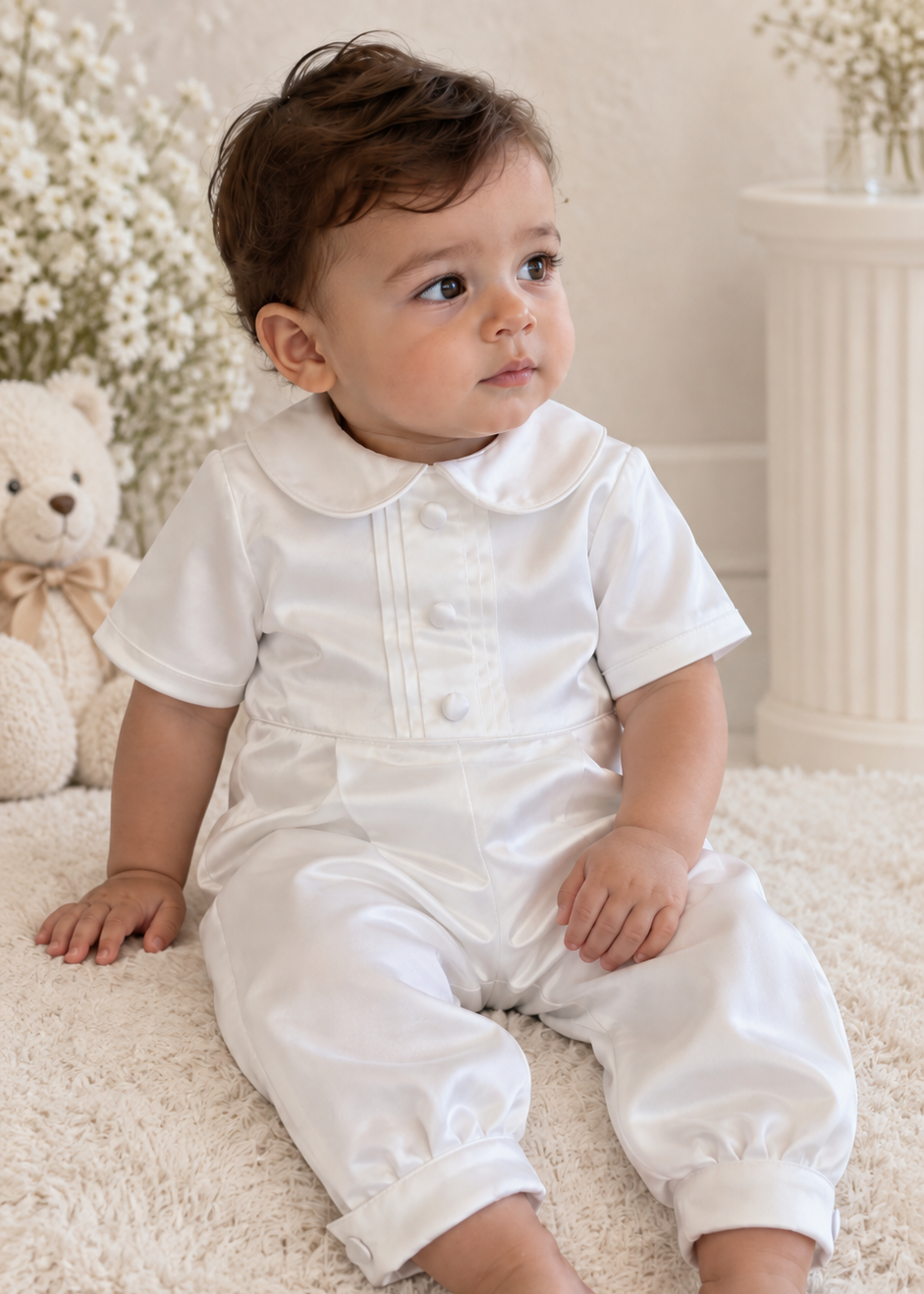 Baby Boy Christening Outfit  -  Satin Romper Set