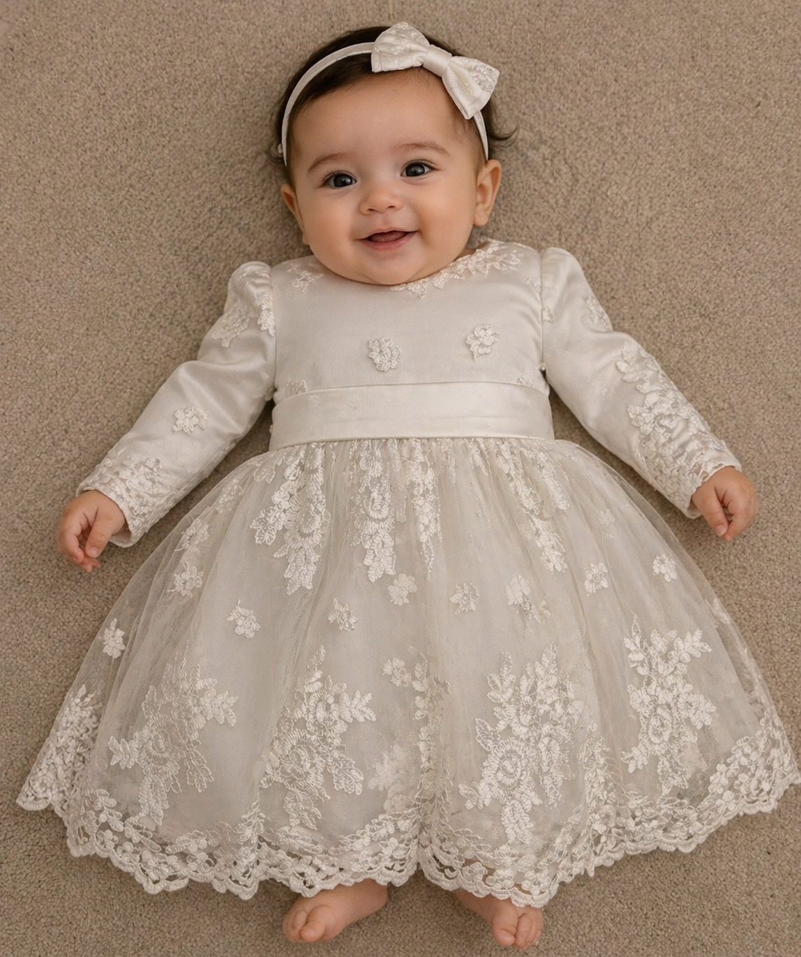 Full Sleeve Lace Christening Dress With Bonnet And Shoe
