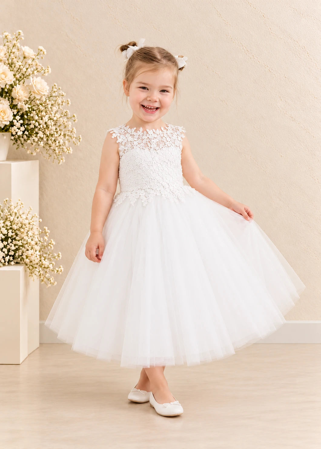 Lace Tulle Flower Girl Dress - Keyhole Back