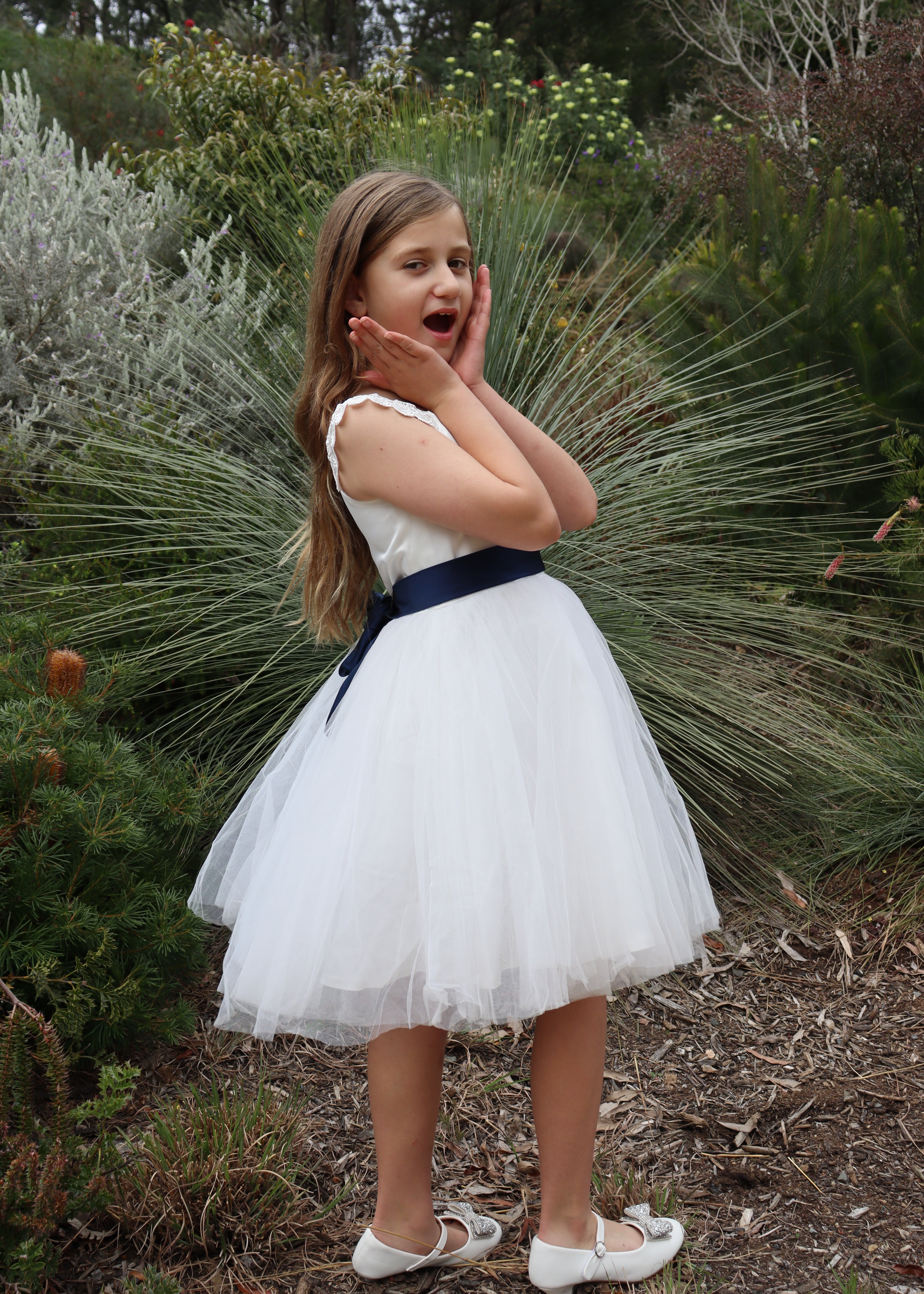 Ivory Flower girl dress with navy belt