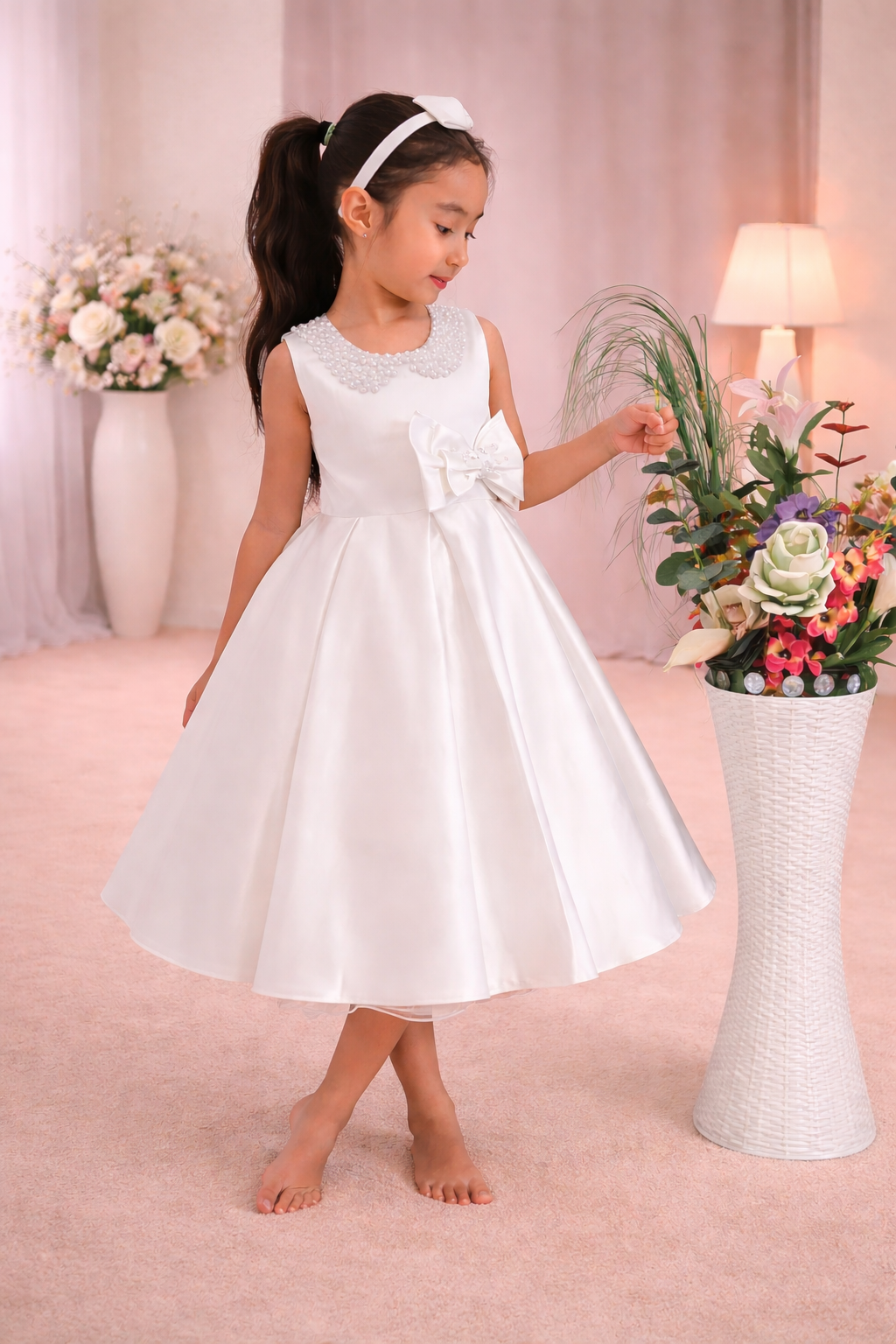 Ivory Satin Dress With Headband- Pearls Dress