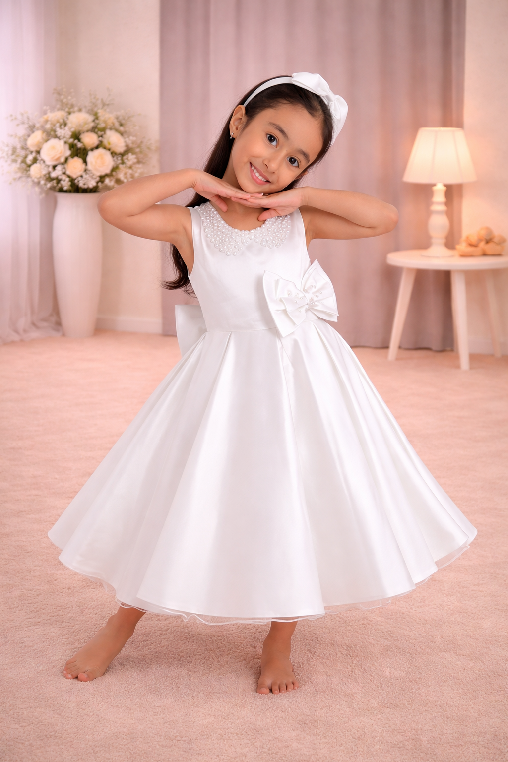 Ivory Satin Dress With Headband- Pears Dress
