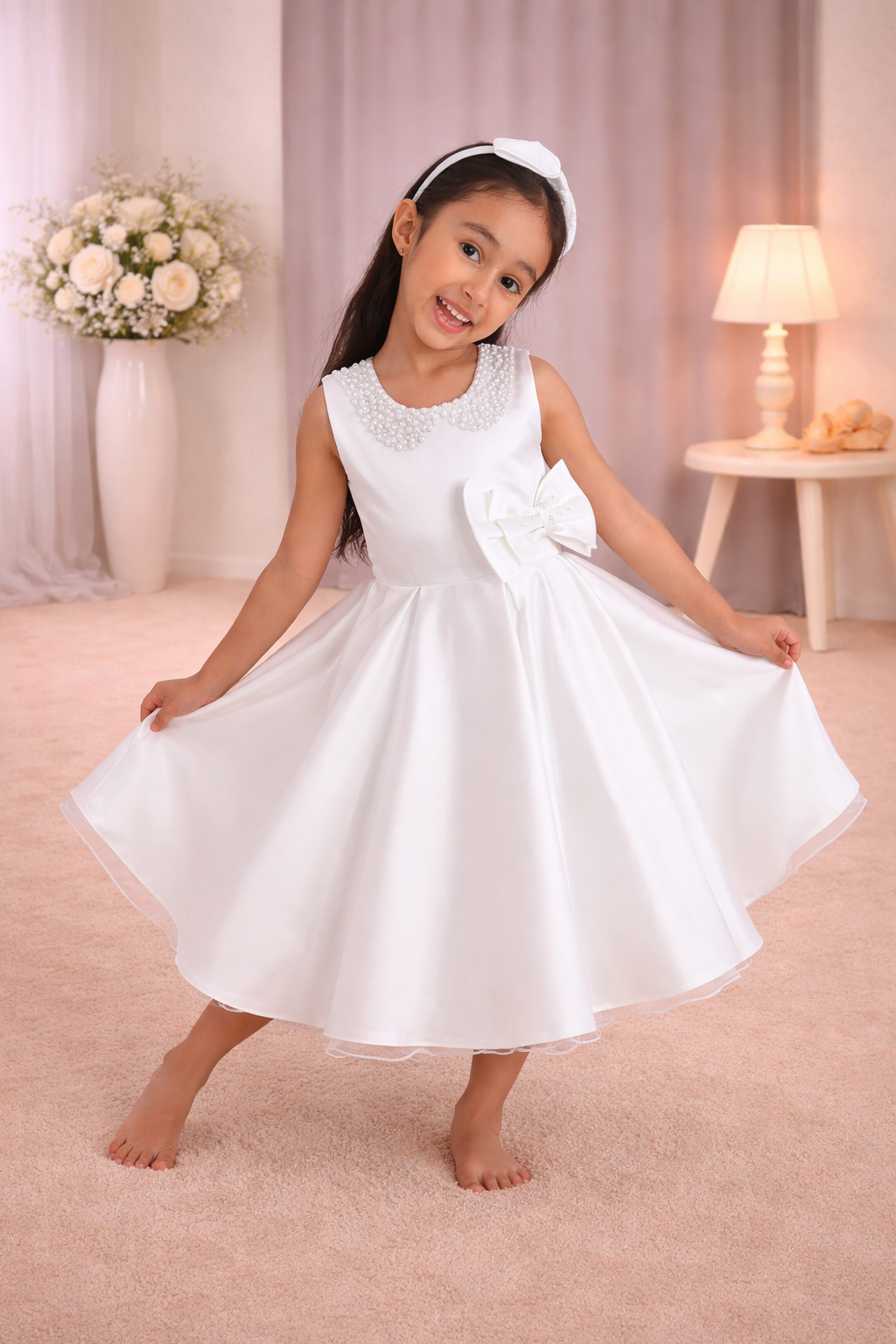 Ivory Satin Dress With Headband- Pears Dress