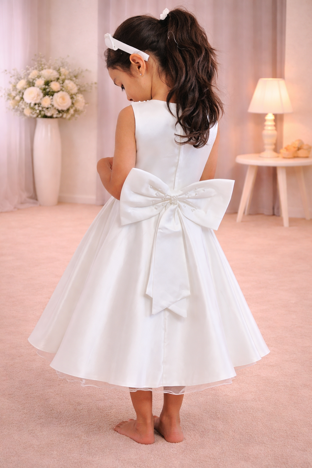 Ivory Satin Dress With Headband- Pears Dress