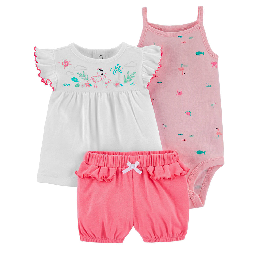 High Quality 100% Cotton Girls Beautiful 3 piece Shorts Set - White and Pink
