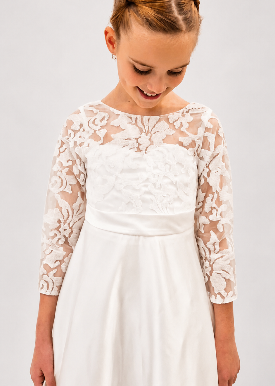Long Sleeve Holy Communion Dress - Lace Satin Dress
