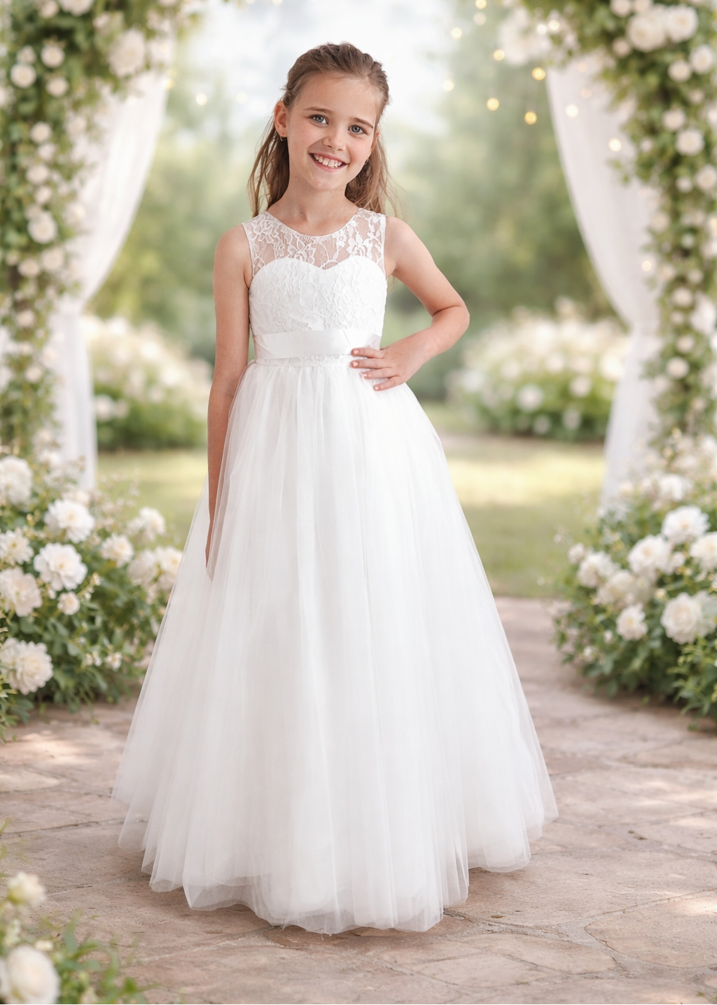 Girls Lace Tulle Flower Girl Dress - Full Length Dress