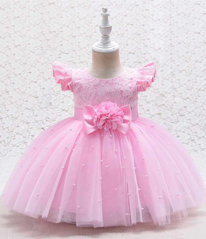 Little Girls Tulle Dress With Pearls - Pink